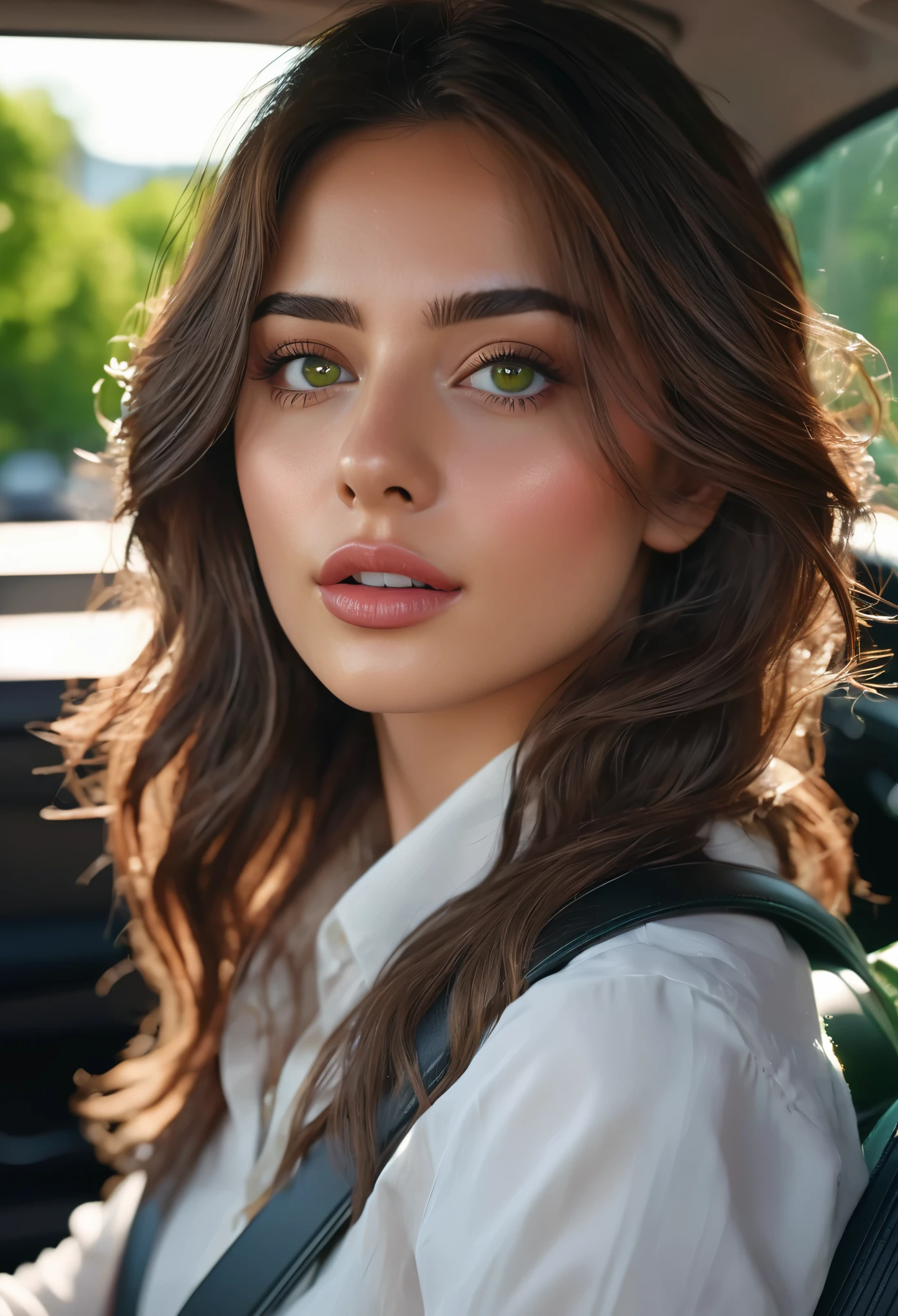 (best quality,realistic:1.37),high-res,ultra-detailed,painting,portrait,vivid colors,warm tones (best quality,4k,8k,highres,masterpiece:1.2),ultra-detailed,(realistic,photorealistic,photo-realistic:1.37),studio lighting,beautiful detailed eyes,beautiful detailed lips,artistic style,a brunette girl,driving a car,full body,long hair,confident expression,sophisticated clothing,modern car,urban setting,daytime,bright sunlight,leather seats,steering wheel,tinted windows,attention to facial features,detailed background scenery,lush green trees,city skyline,modern architecture,cars passing by,sunlight reflecting off the pavement
