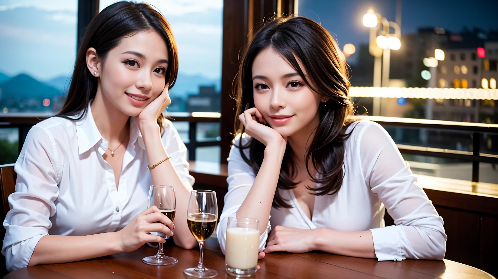 K, Hmm, highest quality, masterpiece: 1.2), (realistic, photorealistic: 1.37), Spectacular view of the sunset sky and clouds、Amazing mountain views、美しいsmile、3 slim beauties, (slim face),Happy、 the best smile、Fox face、Berry Short、(because I'thin), (brown hair), (shortcut), long sleeve shirt、winter fashion、Colombian、Brazilian、Japanese、Dutch、German、Portuguese、Belgian、Italian、French,Champagne、sparKling wine、 (gush out), (slim body), (brown hair), (shortcut), neat beauty、cheeKs turn a little red, (42 years old), 38 years old, alone, A beautiful and detailed night view spreads out outside the window...., restaurant, wine glass is sitting, At night, in a prominent place (from the Upper body) nova frog style, actress, model, Upper body, White wine, slim, wine glass, Very beautiful night view, wine glass Put in the Middle, Happy smile, (smile: 1.15),