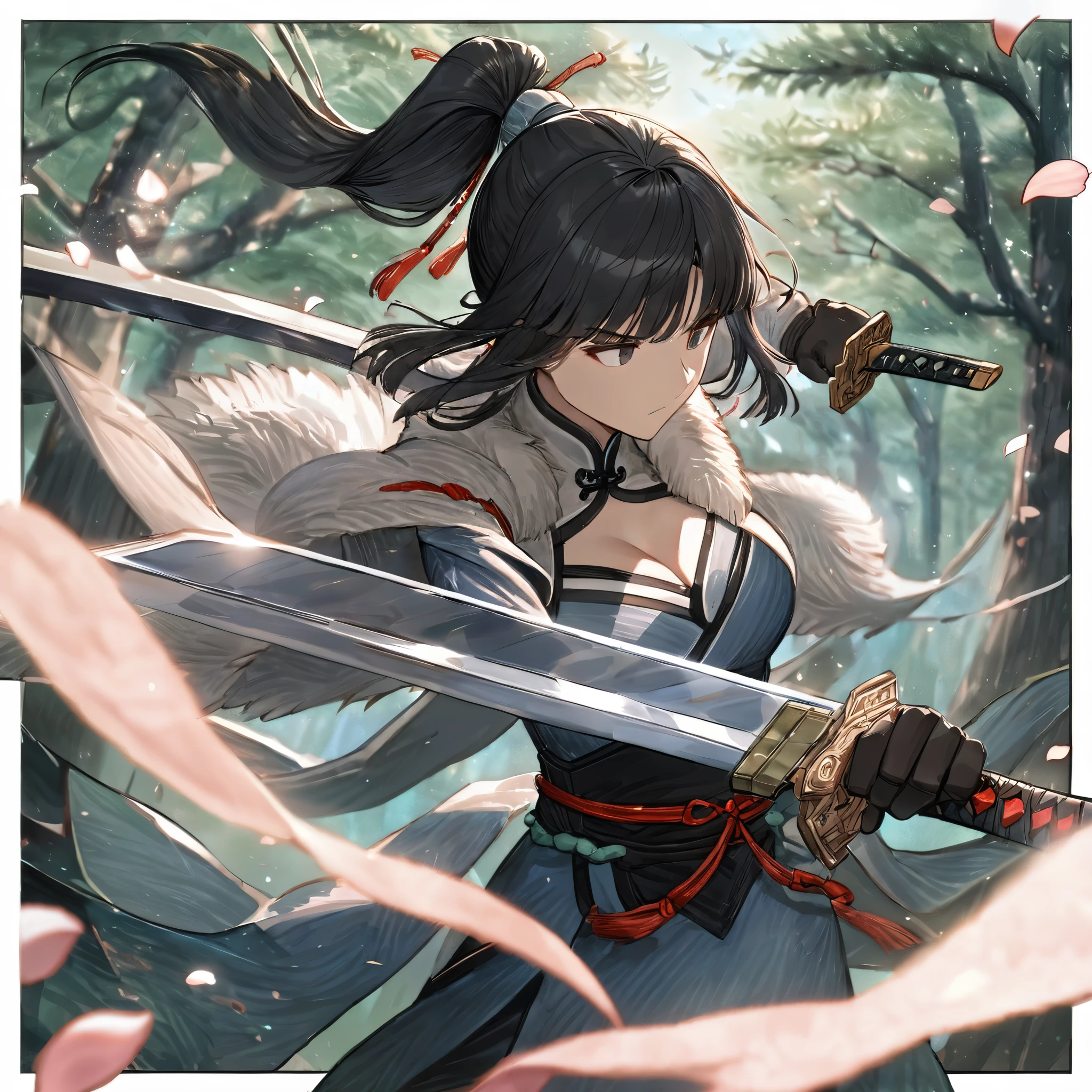 (dress in white),Petals fluttering in the wind, shining swords, helpless expression, anger, fighting with death, very detailed expression, very detailed petals,ponytail, 2swordsman fighting,fight,gongfu,stand in trees, 2swordsman stood in a peach tree forest with petals dancing,petals , detailed ,completing the stable diffusion of serenity and contentment,masterpiece, best quality,masterpiece, best quality, swordman,holding a sword(trees:0.5),(eagle:0.5), (bamboo:0.2) fighting stance, 1man, glowing, solo, weapon, sword, tree, holding, gloves, outdoors, sheath, border, holding weapon, black hair, holding sword, fur trim, looking away,look at view