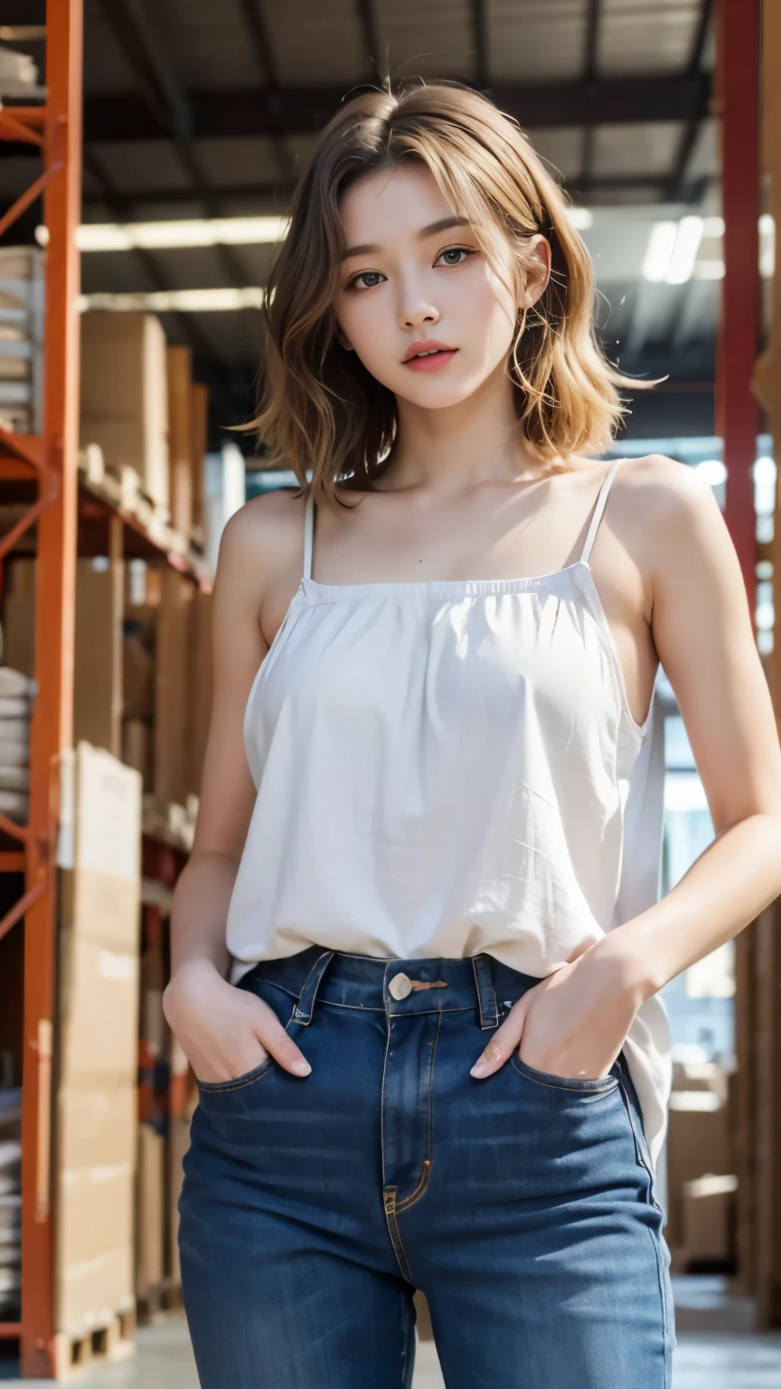 (((best quality, 8 thousand, masterpiece:1.4)), (20 year old woman), masterpiece, distinct, highres, high_quality, wide_shot, small_face, absurdly_short_hair, female, sagging_, balancing, stretching, gentle_face, bare_shoulders, center_opening, downblouse, (blonde wavy very long hair), (Put your hands in your pockets), (F cup saggy breastsed in the warehouse, 