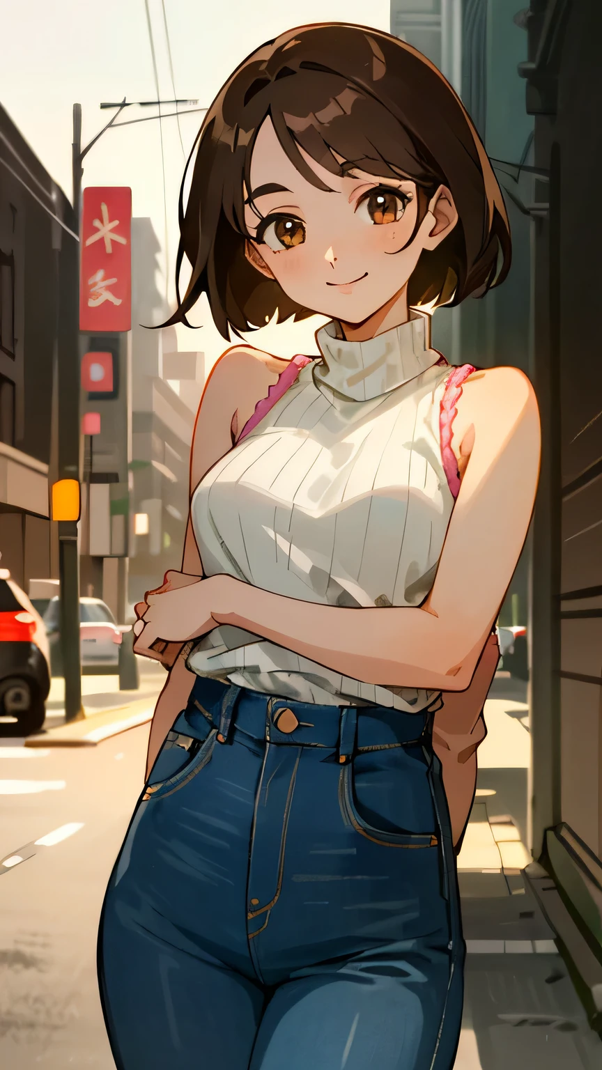 (Best quality, highly detailed, dynamic lighting) Brown haired woman, young adult, gorgeous, mature, beautiful, bob hair, brown eyes, chubby figure, small-to-medium sized breasts, smiling, pink knitted sleeveless turtleneck, high waisted denim pants, street of tokyo as a background.