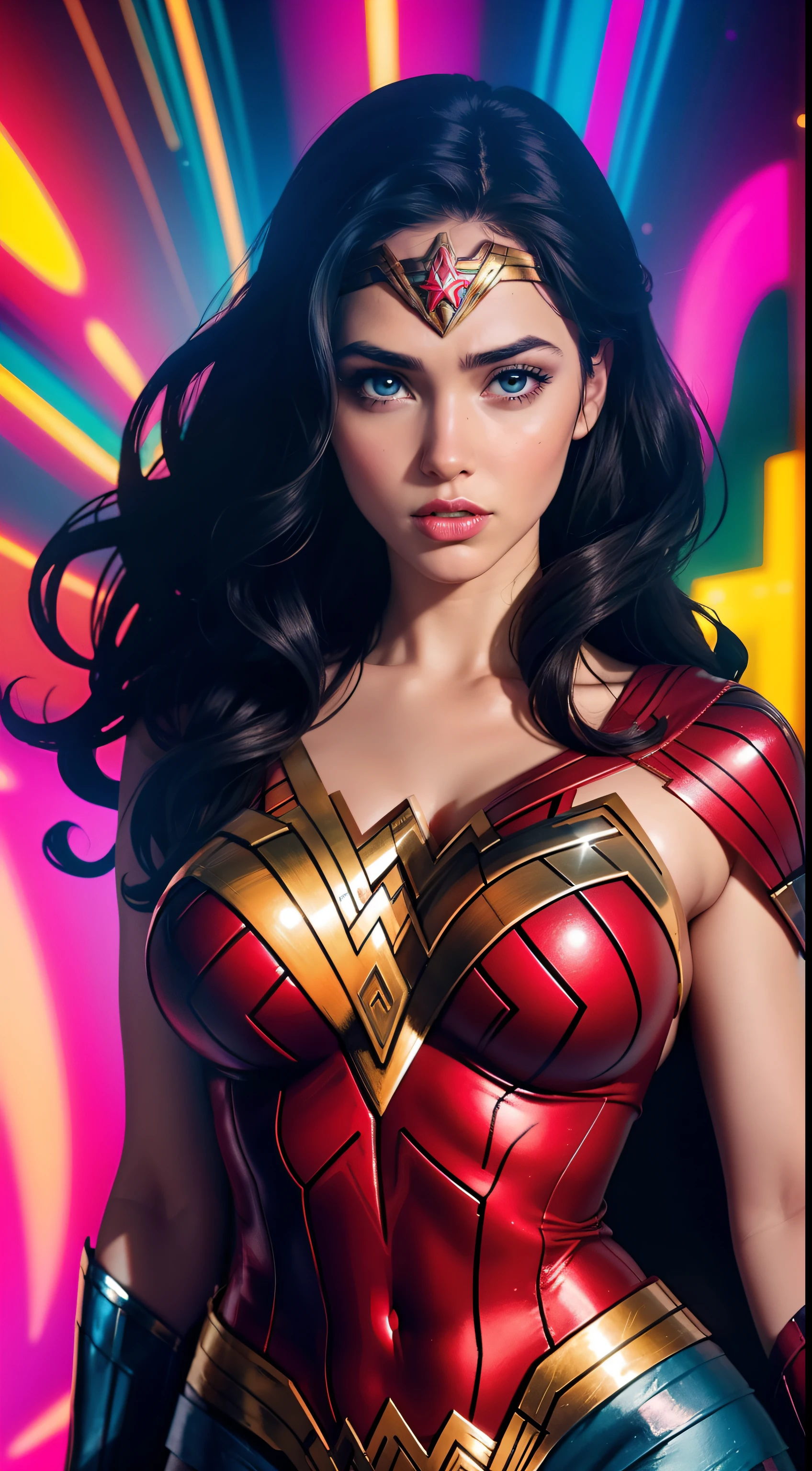 Wonder Woman (big tits) masterpiece, best quality, ((abstract, psychedelic, neon, background)),(creative:1.3), sy3, SMM, fantasy00d