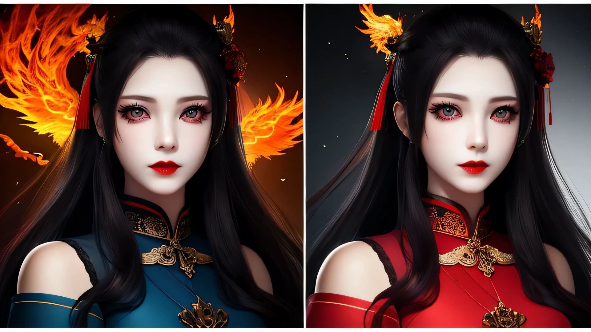 最high quality, masterpiece, High resolution, 1 girl, Hanfu, white and uniform teeth, chinese underwear, hair ornaments, necklace, jewelry, crown jewelry. cute face, Upper body, magic import style, Tyndall effect, realistic, Dark studio, border light, two tone light, (high detail skin: 1.2), 8K uhd, Digital single-lens reflex camera, soft light, high quality, volume light, Frank, photograph, High resolution, 4k, 8K, Bokeh, (pale pink lips), 1 Beautiful devil from hell, in the dark: 1.6), Surreal female portraits by David Hockney and Alphonse Mucha, fantasy art, photorealism, dynamic lighting, station art, poster, volume lighting, highly detailed face, super 8K, Award, in the dark, deep shadow, weak light, cowboy lens, (red phoenix dress: 1.4), long hair, black hair, bust, palace luxury, royal style, crown devil, Red eyes and very sharp and detailed makeup, best face, very large and round breasts, surreal, chinese women clothes, turtleneck polo shirt, cute smile, Beautiful eyes makeup, Gweiz, devil style, Black mesh stockings, ponytail with ribbon at the back, dark red lips, devil tattoo on shoulder, wearing a thin red and black shirt , cape, overcast and thundering landscape, (portrait), Close-up of the main character, (Background details 1.8),,perfect body,(Lie:1.3)