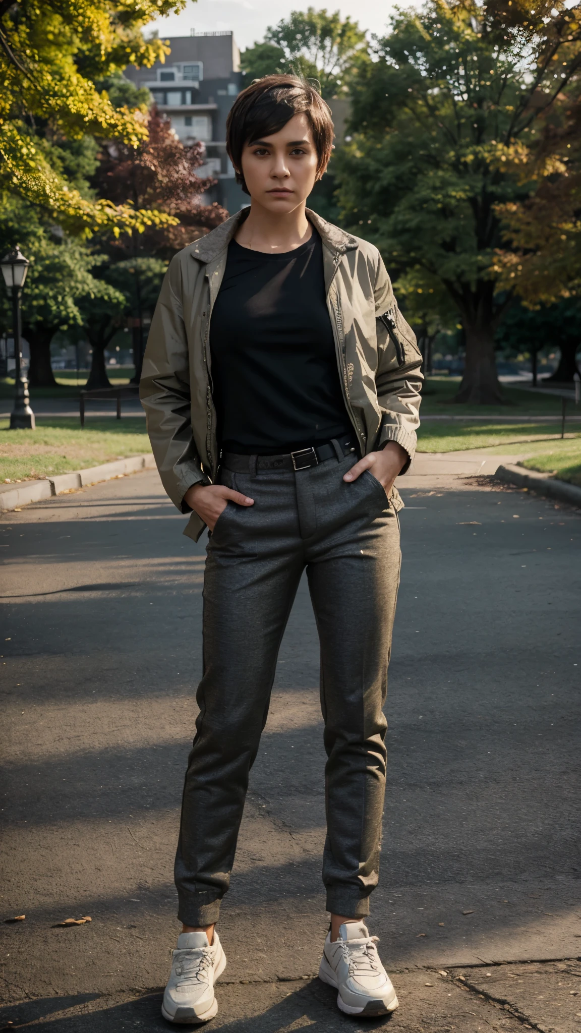 Full body shot,adult woman,pixie cut hair,man's shirt,jacket,pants,and shoes,standing,park background,manly and masculine pose,fierce expression,detailed face features,detailed clothes,high quality,HDR,4k