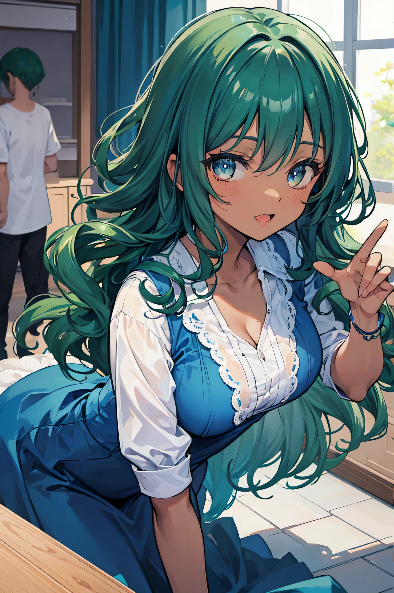 adult, dark skin, curly green hair, excited, blue dress