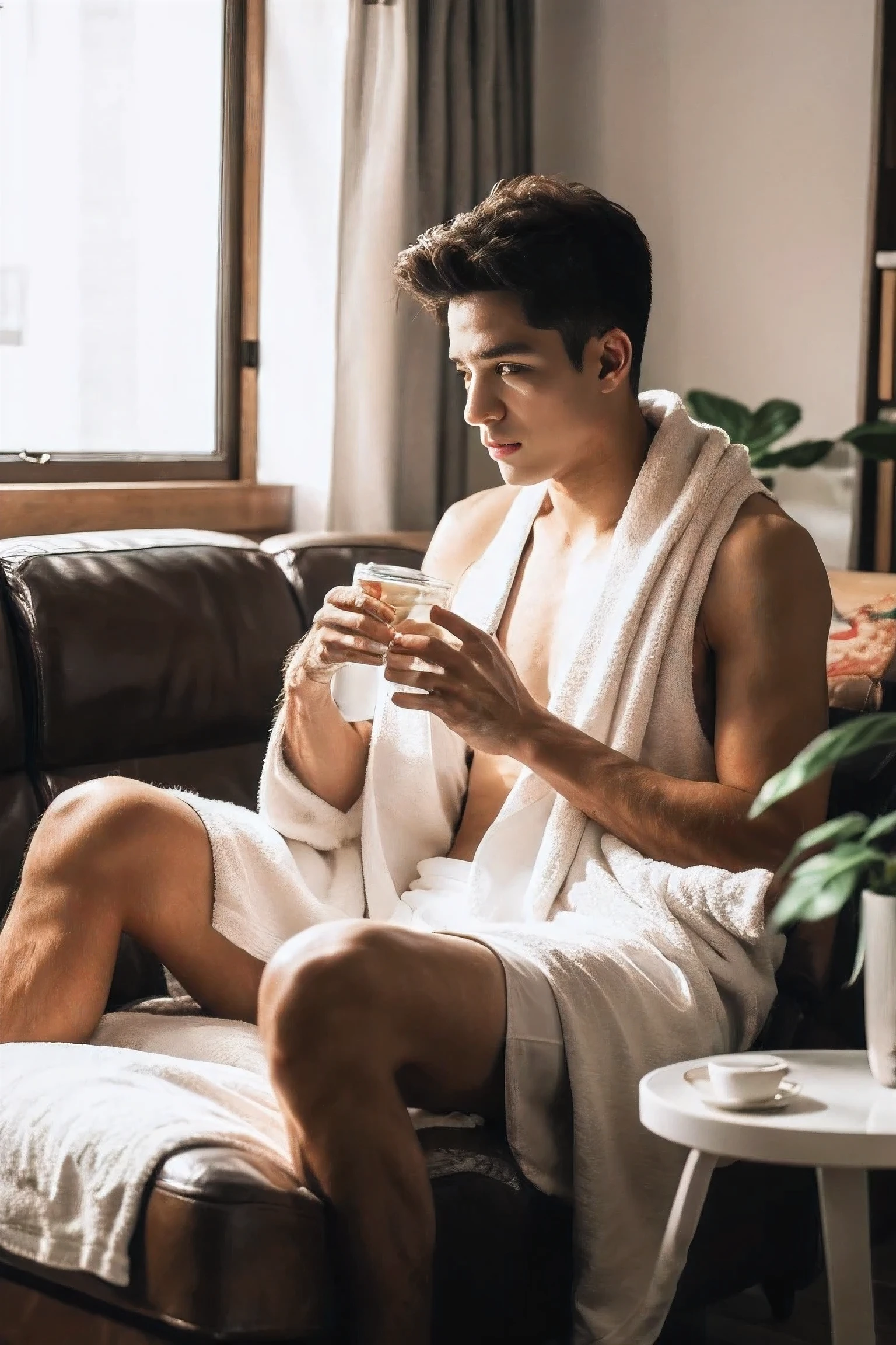 Realistic photography, 8k ,handsome man , towel ,living room
