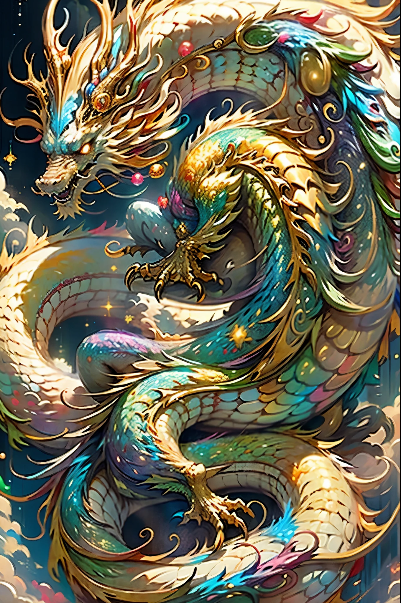 golden dragon。Rainbow glowing scales。The Dragon God descends。Golden splash、Interstellar、gods々correct, GOLD, Gold