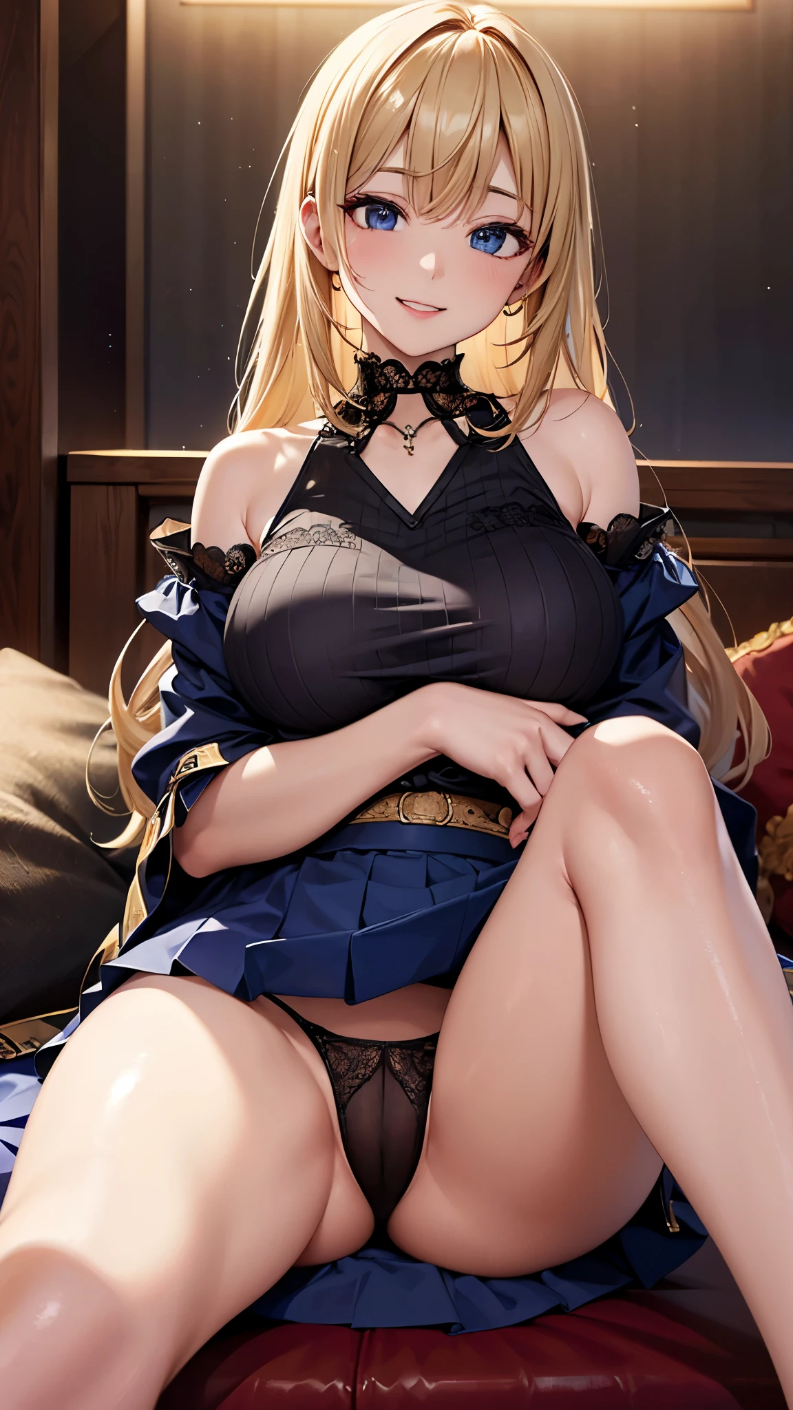 ((highest quality、High resolution、Highly detailed CG Unity 8K wallpaper))、detailed face、perfect body、unparalleled beauty、blonde、beautiful breasts、open your legs、Embarrassing erotic smile、skirt、((She shows me her panties and seduces me))