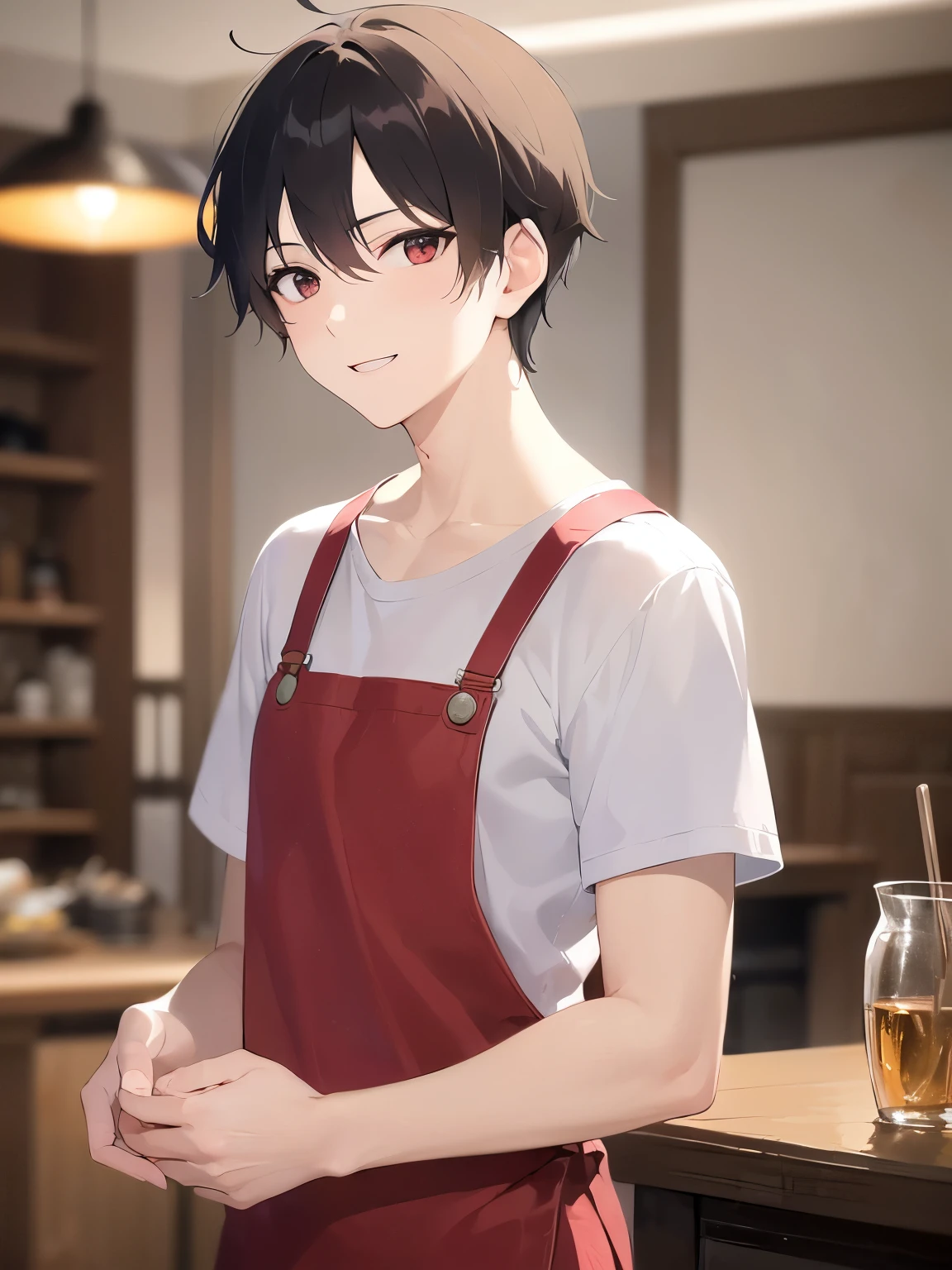 side angle, masterpiece、highest quality、(25 year old male:1.5) and (brown short hair) and (red eyes), Wearing a plain black T-shirt、red apron、smile, The background is the living room at night、illumination、(Alone:1.5)、Upper body is shown、Are standing
