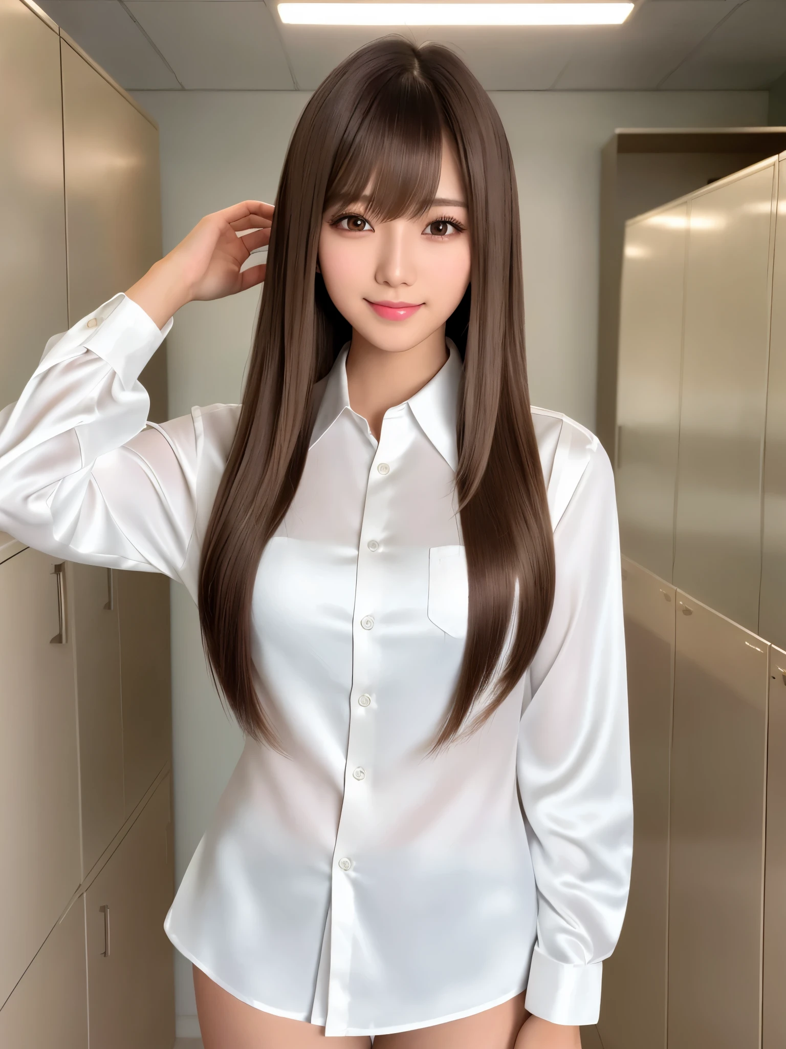 product quality, 1girl, upper body shot, front view, a Japanese young pretty girl, long bob hair, sitting alone with a big smile on her bed in her luxury room in the night, glamorous figure, wearing a long sleeve and white collared silky satin shirt unbuttoned, shiny satin white panties, hyper cute face, glossy lips, double eyelids in both eyes, natural makeup, long eyelashes, shiny smooth light brown long bob hair, asymmetrical bangs, central image, high resolution, high detail, detailed hairstyle, detailed face, spectacular cinematic lighting, octane rendering, vibrant, hyper realistic, perfect limbs, perfect anatomy