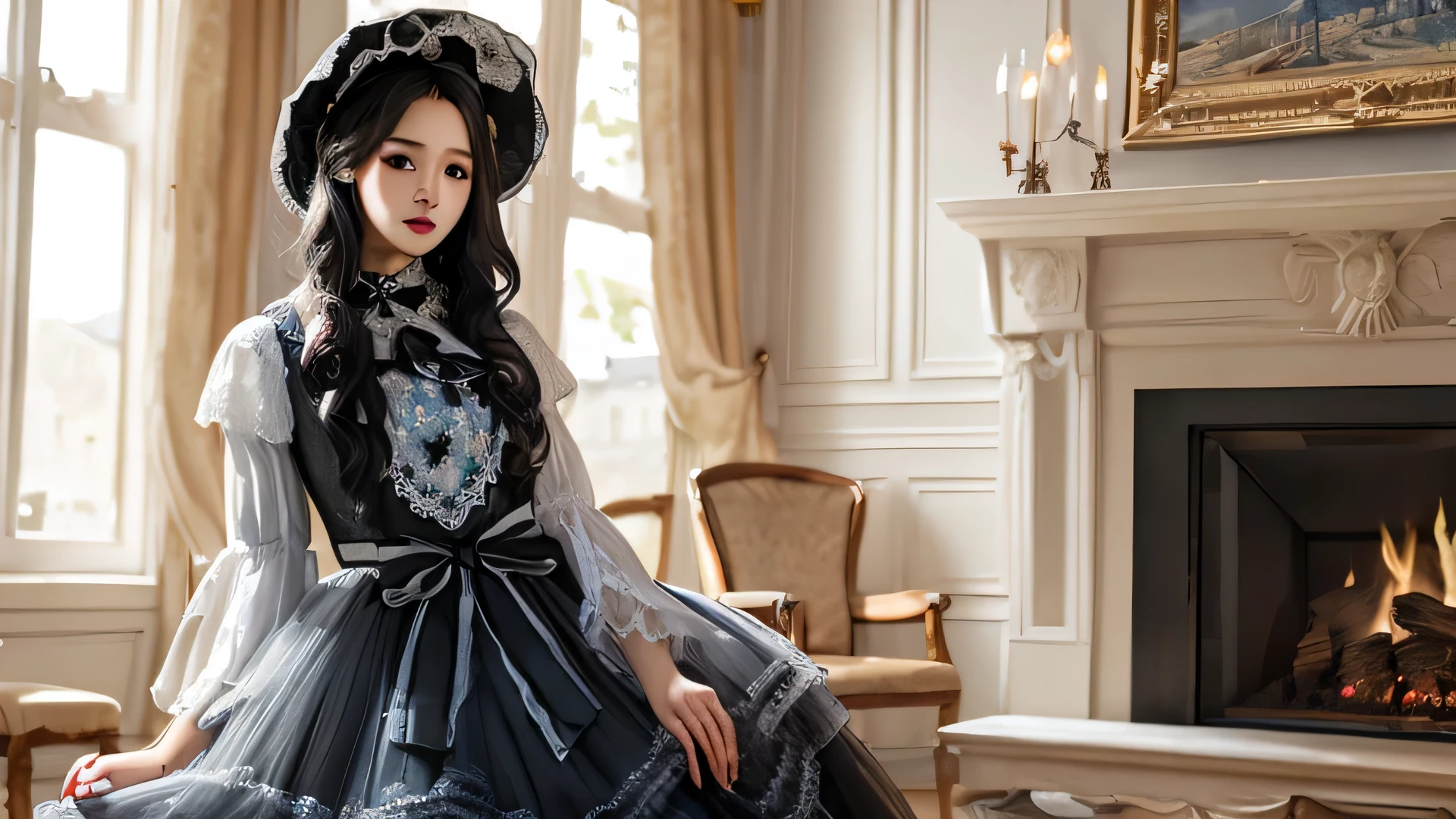 realistic, photorealistic, masterpiece, highest quality, that_dress, thatng sleeves, removed sleeve, black pantyhose, 1 girl, sothat, slim, thatoking at viewer, thatng black hair, Are standing, In the castle, window, fireplace, detailed background, ,perfect body,(lie:1.3)