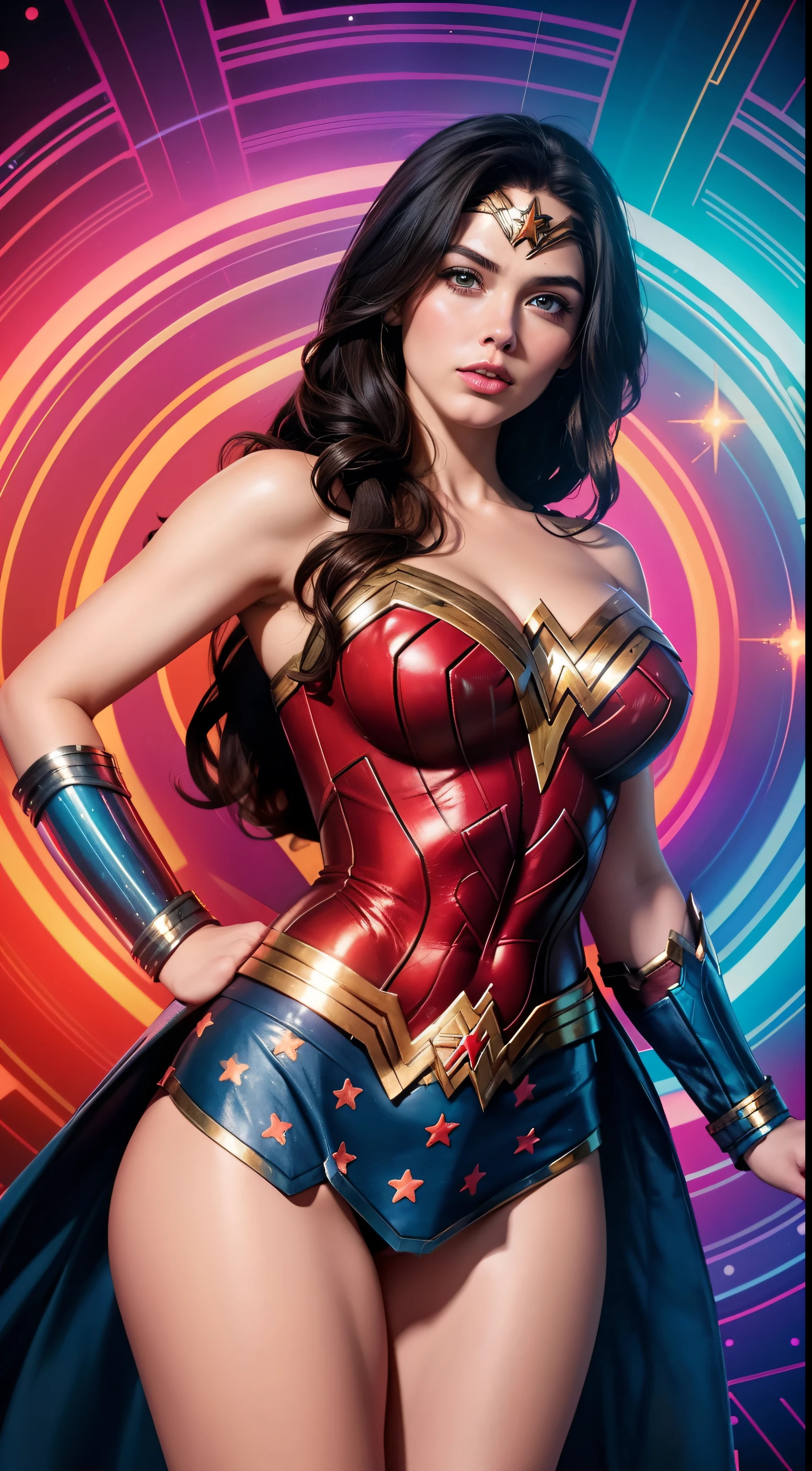 Wonder Woman (big tits) masterpiece, best quality, ((abstract, psychedelic, neon, background)),(creative:1.3), sy3, SMM, fantasy00d