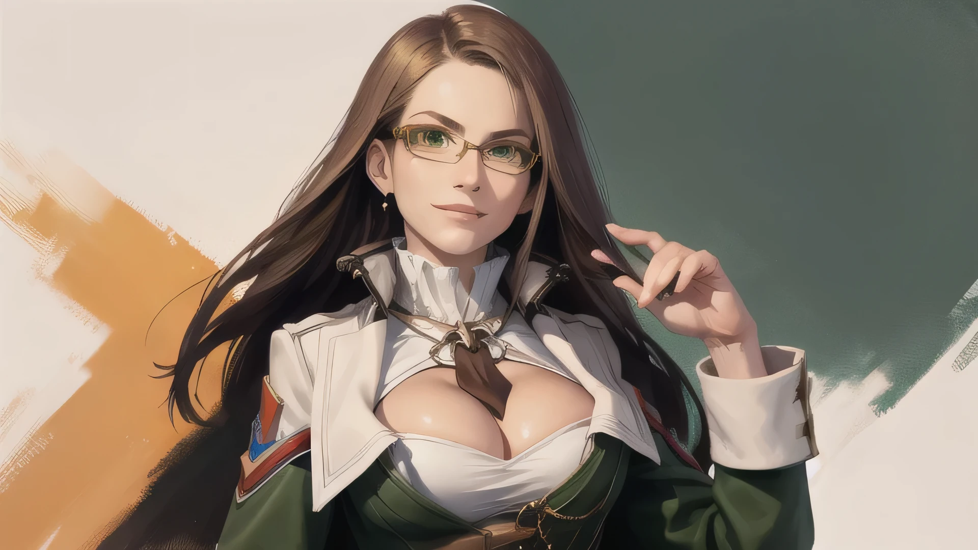 masterpiece, highest quality, Jill Nabert, Glasses, green coat, orange tie, belt, white skirt, big breasts, Upper body, portrait, I frowned., grin and laugh, abstract background,perfect body,(lie:1.3)