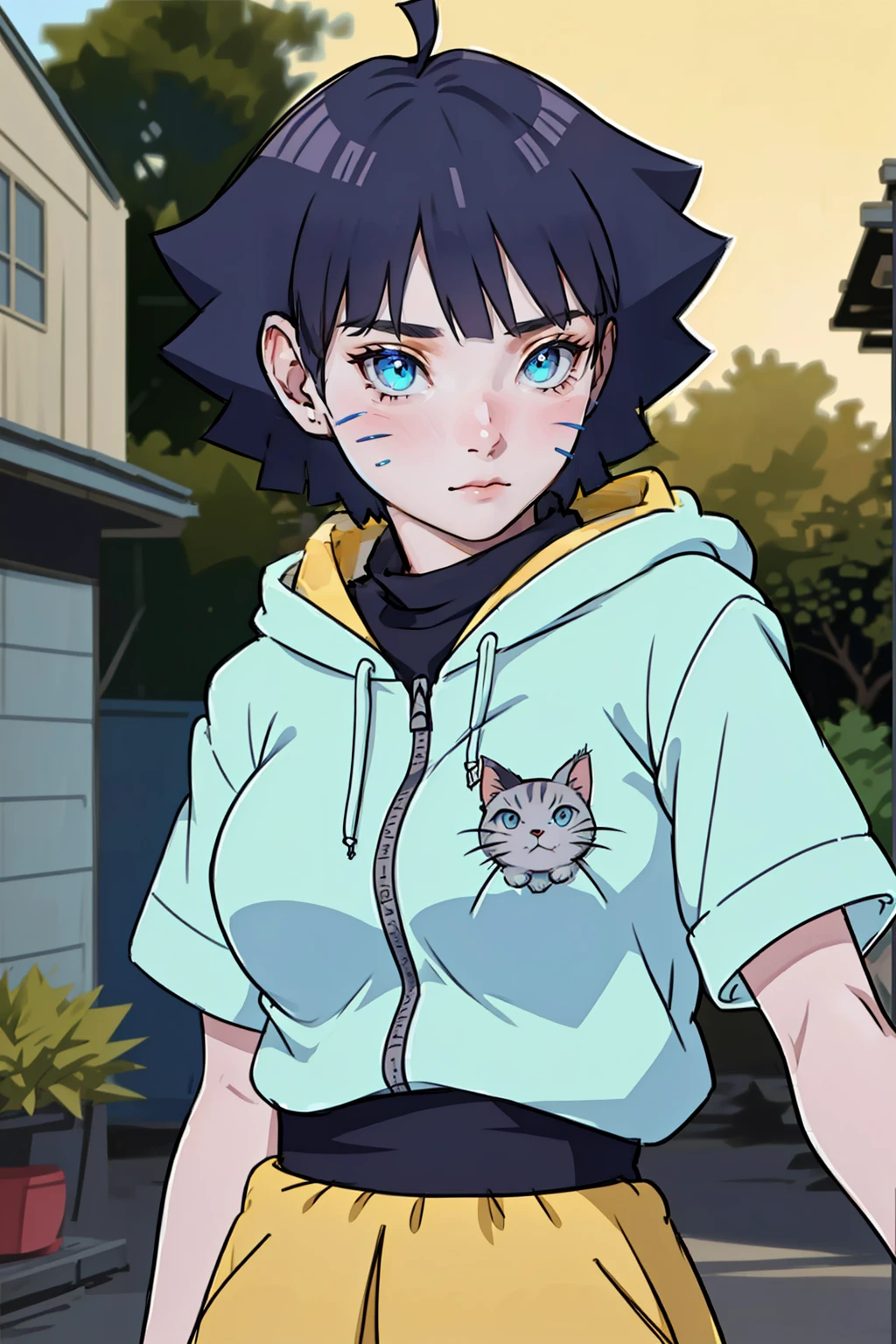 masterpiece, top quality, highly detailed, 1girl, upper body,
long hair, black hair, blue eyes,
Wearing a yellow Hoodie, Streetwear, full of style,
medium breasts, cool attitude
looking at the audience, cute face ,(Uzumaki Himawari)
in anime (Boruto:Naruto Next Generation, photo realistic, very detailed, perfect realistic, short hair, black hair, blue eyes, beautiful, sexy body, standard body, big breasts, realistic clothes, detailed clothes, outdoor background, very detailed, realistic characters, beautiful face, cute face, perfect skin, glowing, super realistic photo , on the right and left cheeks there are ,two rows of cat whiskers very clear/super details ,detailed analysis , (Uzumaki Himawari:Cat Whiskers) eyes , short front bangs hairstyle