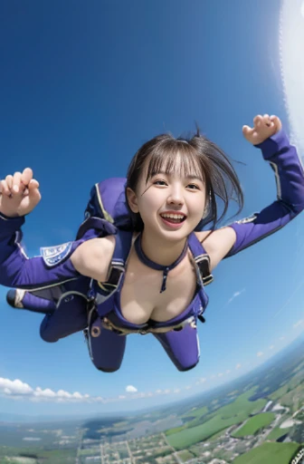 best quality, detailed, beautiful, insanely detailed, absurdres,perfect anatomy,
Japanese woman,black hair,27 years old,
(slender),
(small breasts), full body shot,laughing,impressive panoramas
Scene of enjoying skydiving,(angle from below:1.3)