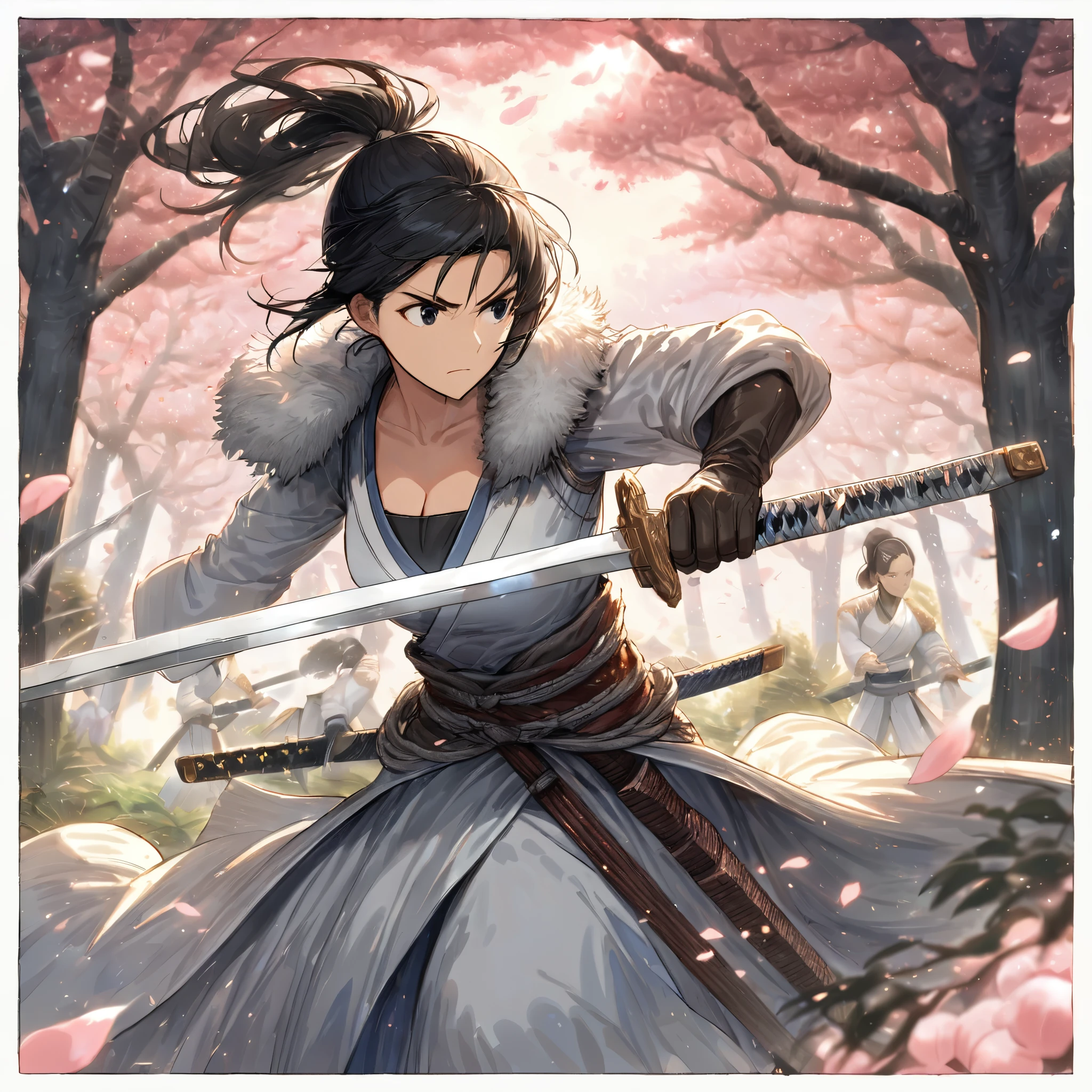 (dress in white),Petals fluttering in the wind, shining swords, helpless expression, anger, fighting with death, very detailed expression, very detailed petals,ponytail, 2swordsman fighting,fight,gongfu,stand in trees, 2swordsman stood in a peach tree forest with petals dancing,petals , detailed ,completing the stable diffusion of serenity and contentment,masterpiece, best quality,masterpiece, best quality, swordman,holding a sword(trees:0.5),(eagle:0.5), (bamboo:0.2) fighting stance, 1man, glowing, solo, weapon, sword, tree, holding, gloves, outdoors, sheath, border, holding weapon, black hair, holding sword, fur trim, looking away,look at view