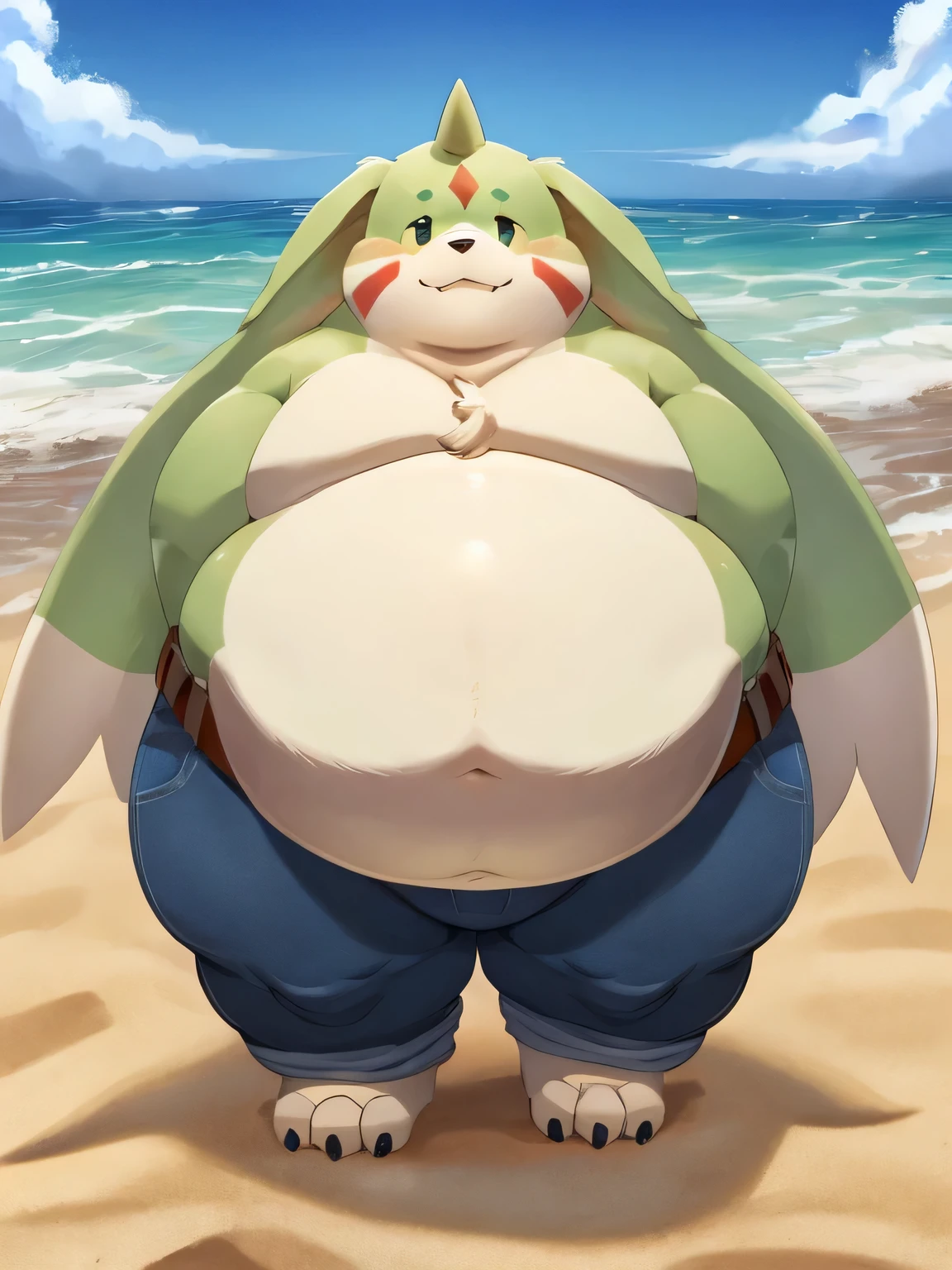Gargomon、Muscle-gut, Giant Monsterountain of fat、The body is buried due to fat、The stomach is triangular、Extreme obesity、very thick fat、my stomach touches the ground、Stomach like a giant balance ball、Saggy belly、detailed eyes, Thick thighs、very very tall、Thick animal-like legs、Cheeks that store fat、thick arms、huge torso、thick neck、fat neck、sharp claws、legs buried in fat, thick twisted corners, On the Beach, Has belt over the left shoulder, Has pants on