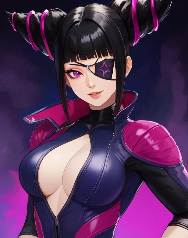 Juri , black hair,two-tone hair, hair horns, purple eyes, eyepatch,  
bodysuit, clothing cutout, 
standing, upper body, evil smile, 
night club,
(insanely detailed, beautiful detailed face,beautiful detailed eyes, masterpiece, best quality) , solo,