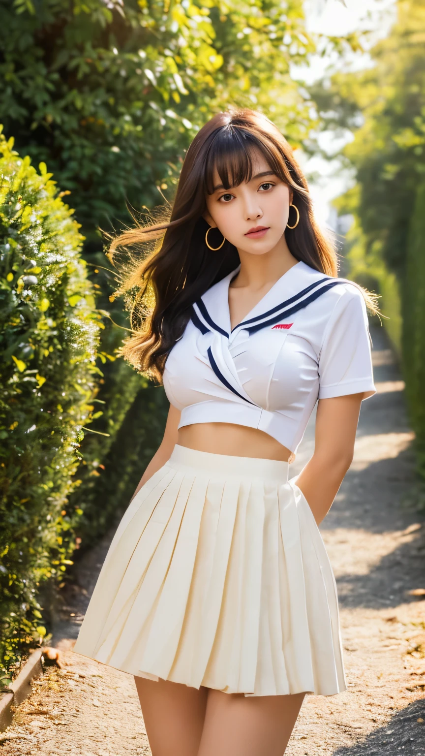 (highest quality:1.4), (hyper quality), (Super detailedな), 1 beautiful girl, (group of female high school students:1.3), Super cute, wonderful face and eyes, (Short-sleeved sailor suit made of thin white fabric), Black pleated micro mini skirt with low rise:1.1, (black pleated mini skirt:1.5), (Beautiful and incredibly big breasts:1.3), (The shape of the nipple protrusions through the uniform:1.4), (uniform is not exposed:1.2), (The fabric of the uniform is thin and the shape of her chest is clearly visible.:1.3), Realistic uniform wrinkles, (red ribbon:1.1), (underboob:1.1), (Massaging her breasts over her uniform:1.2), (slender body:1.1), (slender and long beautiful legs), (thin waist), real skin texture, crystal clear very white skin, (bangs:1.2), earrings, light makeup, (Don&#39;t look at me, look ahead), beautiful goddess advent, beautiful background, golden ratio, conceptual art, Super detailed, Accurate, advanced details, (walk along a path surrounded by fields:1.2), My chest sways, Super close, sexy art, (Under the summer sun), bright light, Super delicate illustration details, Highly detailed CG integrated 8k wallpaper, RAW photo, professional photos, cinematic lighting, Depth of the bounds written, No bra, (The nipple protrusions push up the uniform:1.2), (Sharp nipples through the uniform), cropped tops, High heels on bare feet, (back view, stick out your butt)