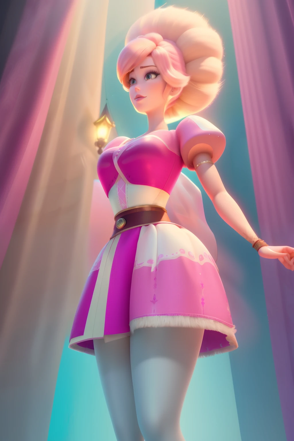 pnkdamond, pink hair, pink eyes,  big hair,  stomach gem,  pink skin,  toned, 
puffy short sleeves, elbow gloves ,  white thighhighs,   puffy dress, 
standing, upper body, 
 outerspace,  
(insanely detailed, beautiful detailed face,beautiful detailed eyes, masterpiece, best quality) cinematic lighting,  smile, 
 