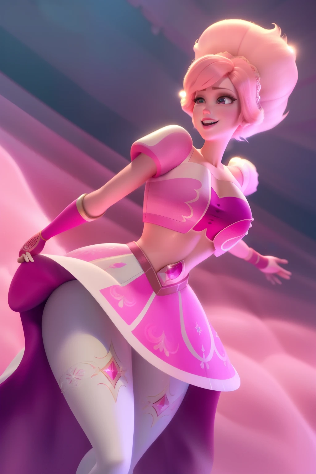 pnkdamond, pink hair, pink eyes,  big hair,  stomach gem,  pink skin,  toned, 
puffy short sleeves, elbow gloves ,  white thighhighs,   puffy dress, 
standing, upper body, 
 outerspace,  
(insanely detailed, beautiful detailed face,beautiful detailed eyes, masterpiece, best quality) cinematic lighting,  smile, 
 