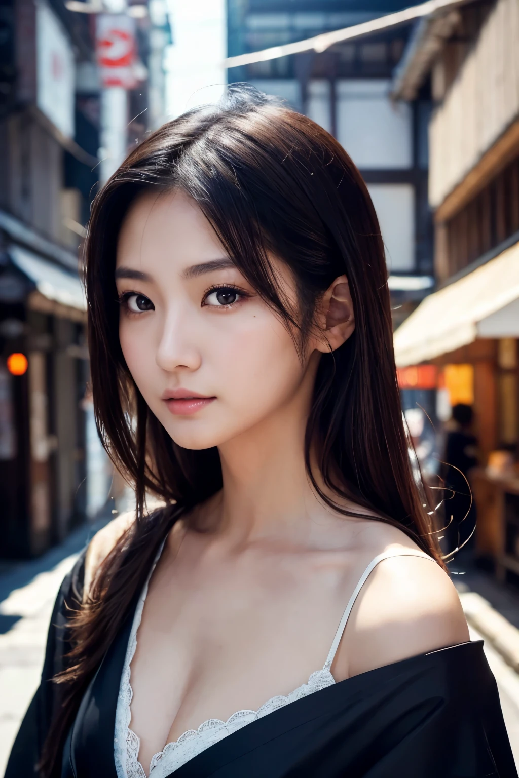 Beautiful Japanese supermodel woman, A lock of hair with slight highlights, black eyes, Sexy，street background，Gorgeous kimono , Liquid color flows across her face, Shooting against the light，Perfect facial lighting，mixed media