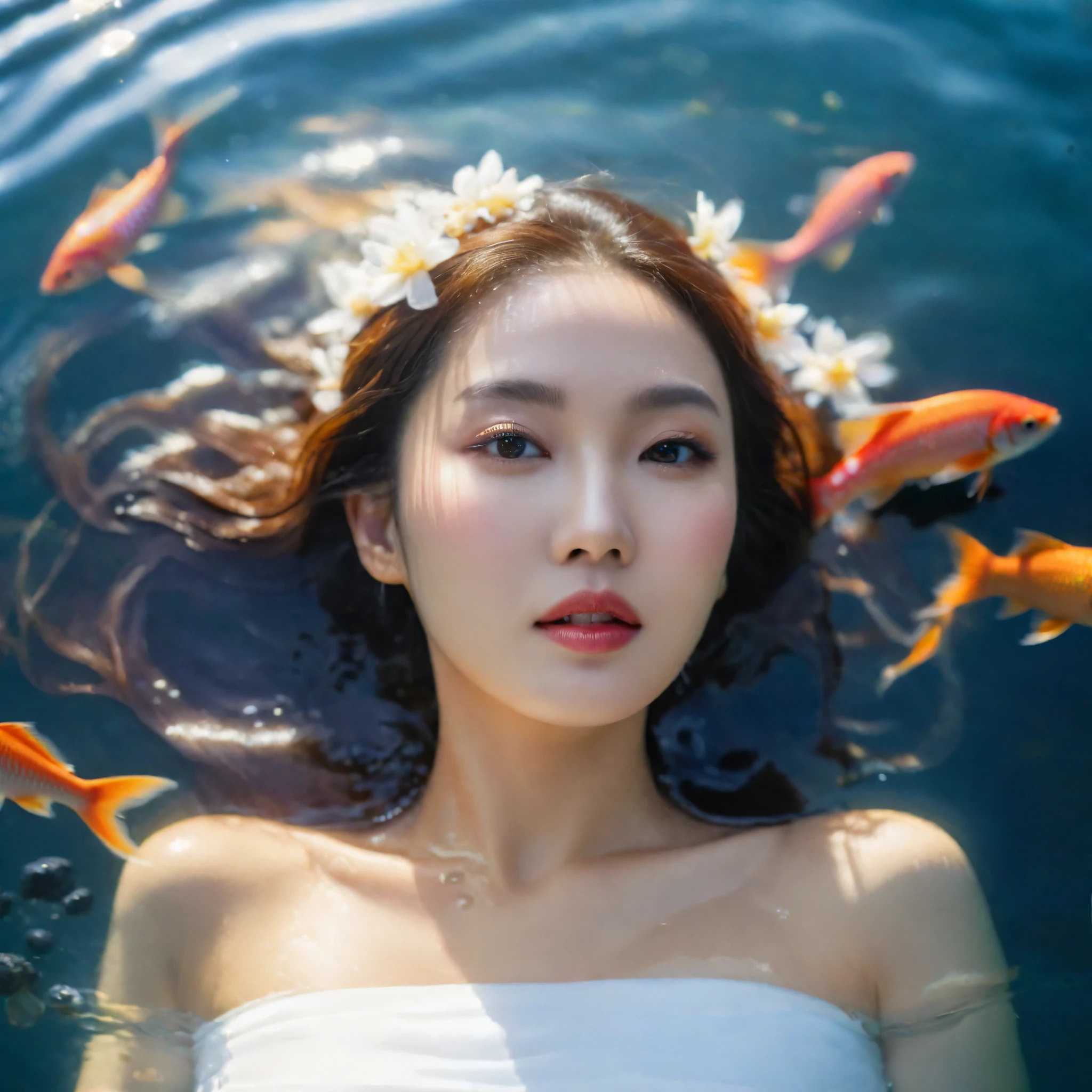 there is a woman in a white dress with fish in the water, beautiful young korean woman, beautiful south korean woman, korean woman, gorgeous young korean woman, korean girl, asian female water elemental, beautiful asian girl, beautiful asian woman, see fishes swimming, fishes swimming, queen of the sea mu yanling, portrait of a woman flying on watther asian features.photo taken at eye level,DSLR,canon EOS RS,ultra quality,sharp focus,tack sharp, depth of field (dof). Film grain,crystal clear,8k UHD, highly detailed, facial features, high detailed background. Art supplies