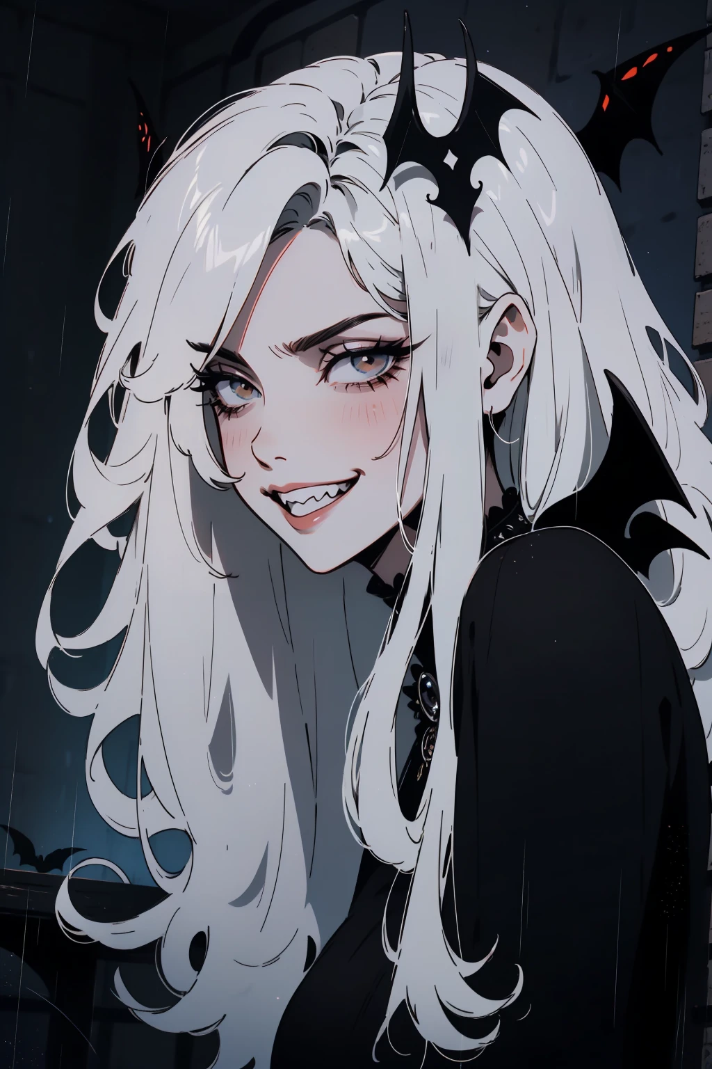 (outside, scary castle, raining, evening, soft light, dim lit, moody vibe, horror \(theme\), ), (insanely detailed, beautiful detailed face, masterpiece, best quality), 1girl, succubus, demon girl, mature female, white hair, pink eyes, grin, smirk, demon horns, black tail, black demon wings, whole body, sitting on the ground, 