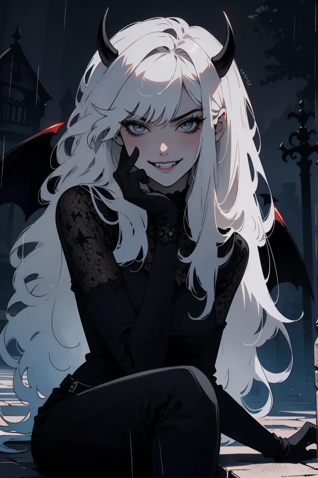(outside, scary castle, raining, evening, soft light, dim lit, moody vibe, horror \(theme\), ), (insanely detailed, beautiful detailed face, masterpiece, best quality), 1girl, succubus, demon girl, mature female, white hair, pink eyes, grin, smirk, demon horns, black tail, black demon wings, whole body, sitting on the ground, 