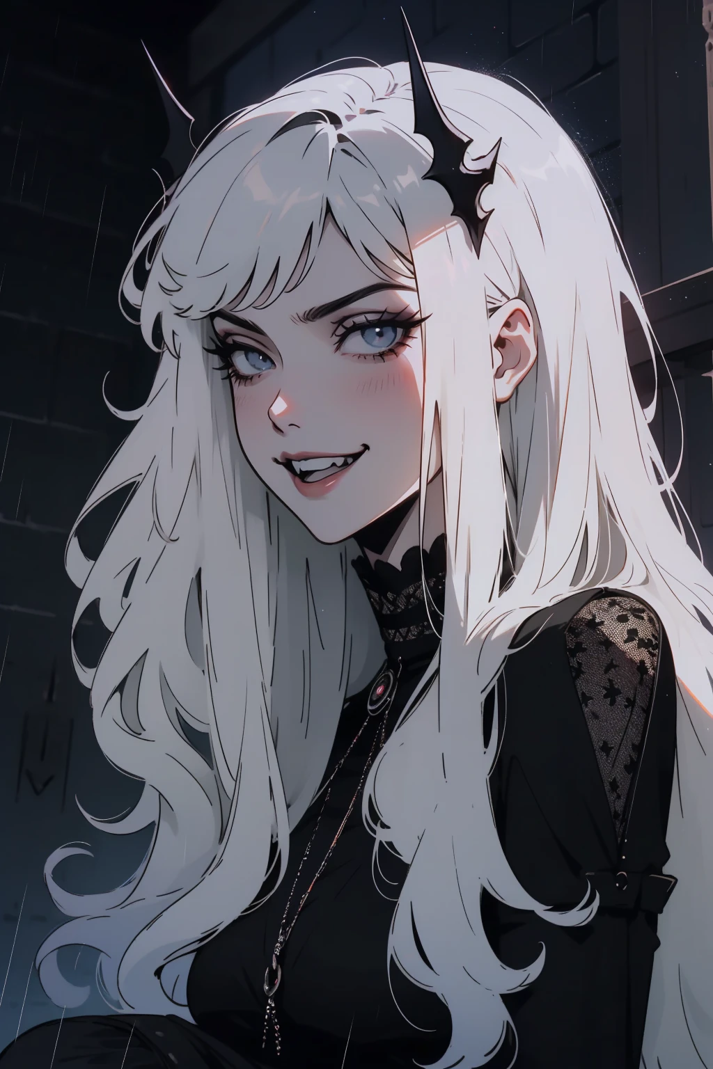 (outside, scary castle, raining, evening, soft light, dim lit, moody vibe, horror \(theme\), ), (insanely detailed, beautiful detailed face, masterpiece, best quality), 1girl, succubus, demon girl, mature female, white hair, pink eyes, grin, smirk, demon horns, black tail, black demon wings, whole body, sitting on the ground,