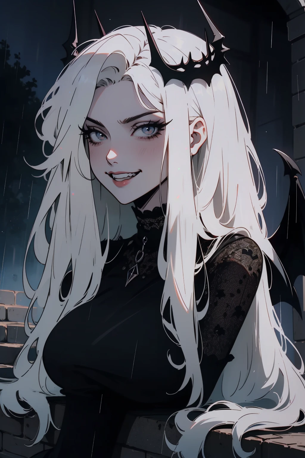(outside, scary castle, raining, evening, soft light, dim lit, moody vibe, horror \(theme\), ), (insanely detailed, beautiful detailed face, masterpiece, best quality), 1girl, succubus, demon girl, mature female, white hair, pink eyes, grin, smirk, demon horns, black tail, black demon wings, whole body, sitting on the ground,