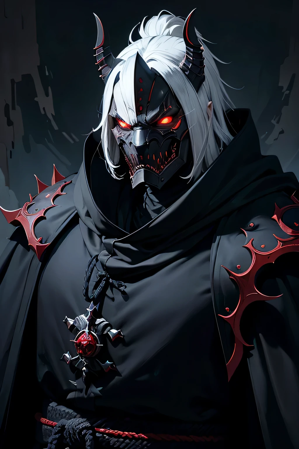 tall demon cloaked in shadow, wearing a shogun mask that snarls. a white mane. red eyes that glow. spiked pauldrons. heavy set. hidden in thick shadows. cloak made of shadows. wraith like. hell spawn. fanged mask. background its open cloak spreading out. open cloak. white hair. snarling face. blue flamed sword. snarling shogun mask. full face covering