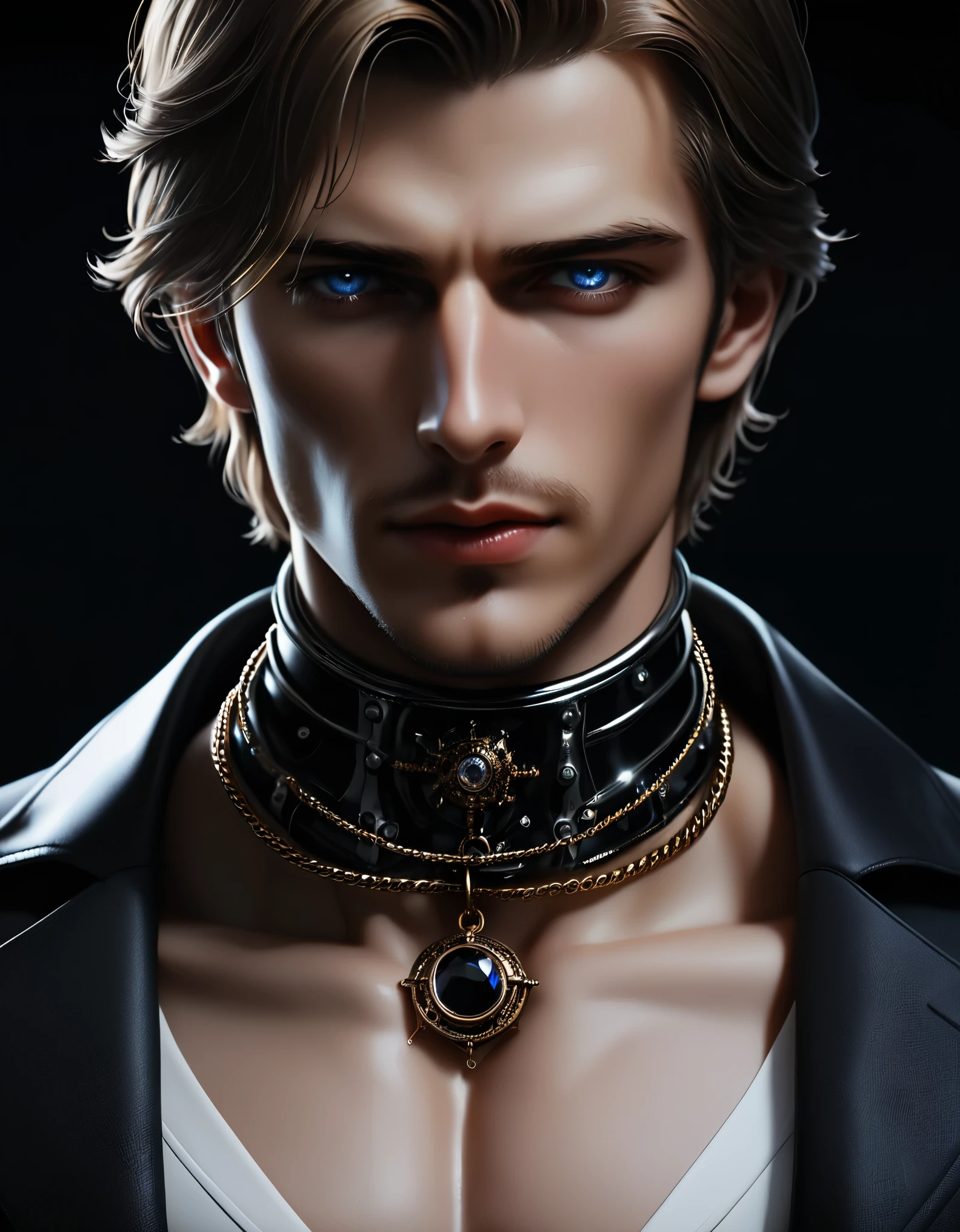 Gorgeously dressed（（slut））, ((Very tall and strong European male host)), condescending attitude, Fixing a neck ring for a slut, An exquisite iron ring symbolizing slave status, Put the collar around the slut's neck, sharp eyes, Arrogant look, Slut's humble actions, high detail, Renaissance, Tonalism, Expressionism, UHD, anatomically correct, textured skin, high details, best quality, super detail, 16k
