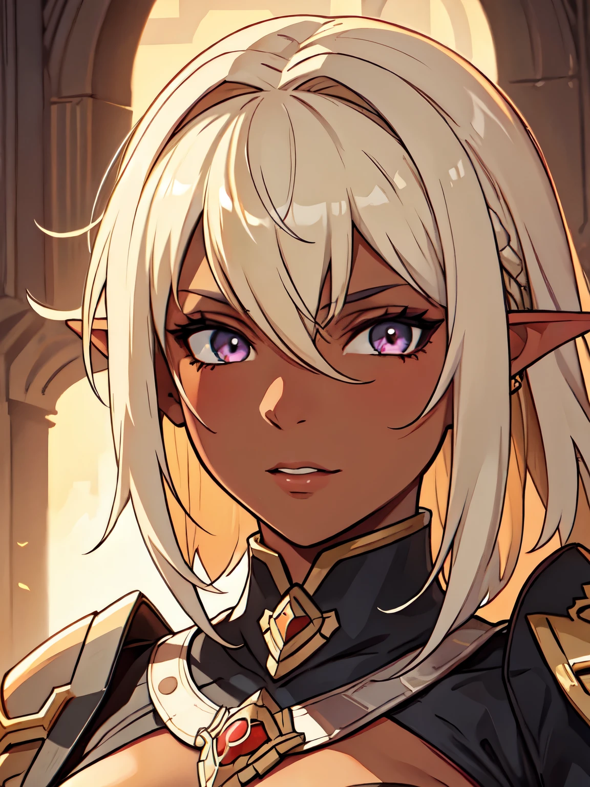 masterpiece, best quality, portrait, 1girl, dark skin, dark-skinned_female, dark_skin, blonde_hair, yellow hair, short hair, pink eyes, full armor, elf ear, side bangs