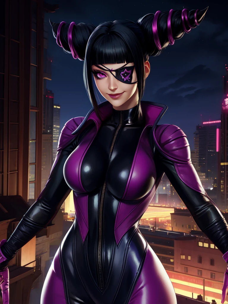 Juri , black hair,two-tone hair, hair horns, purple eyes, eyepatch,  
bodysuit, clothing cutout, 
standing, upper body, evil smile, 
night club,
(insanely detailed, beautiful detailed face,beautiful detailed eyes, masterpiece, best quality) , solo,