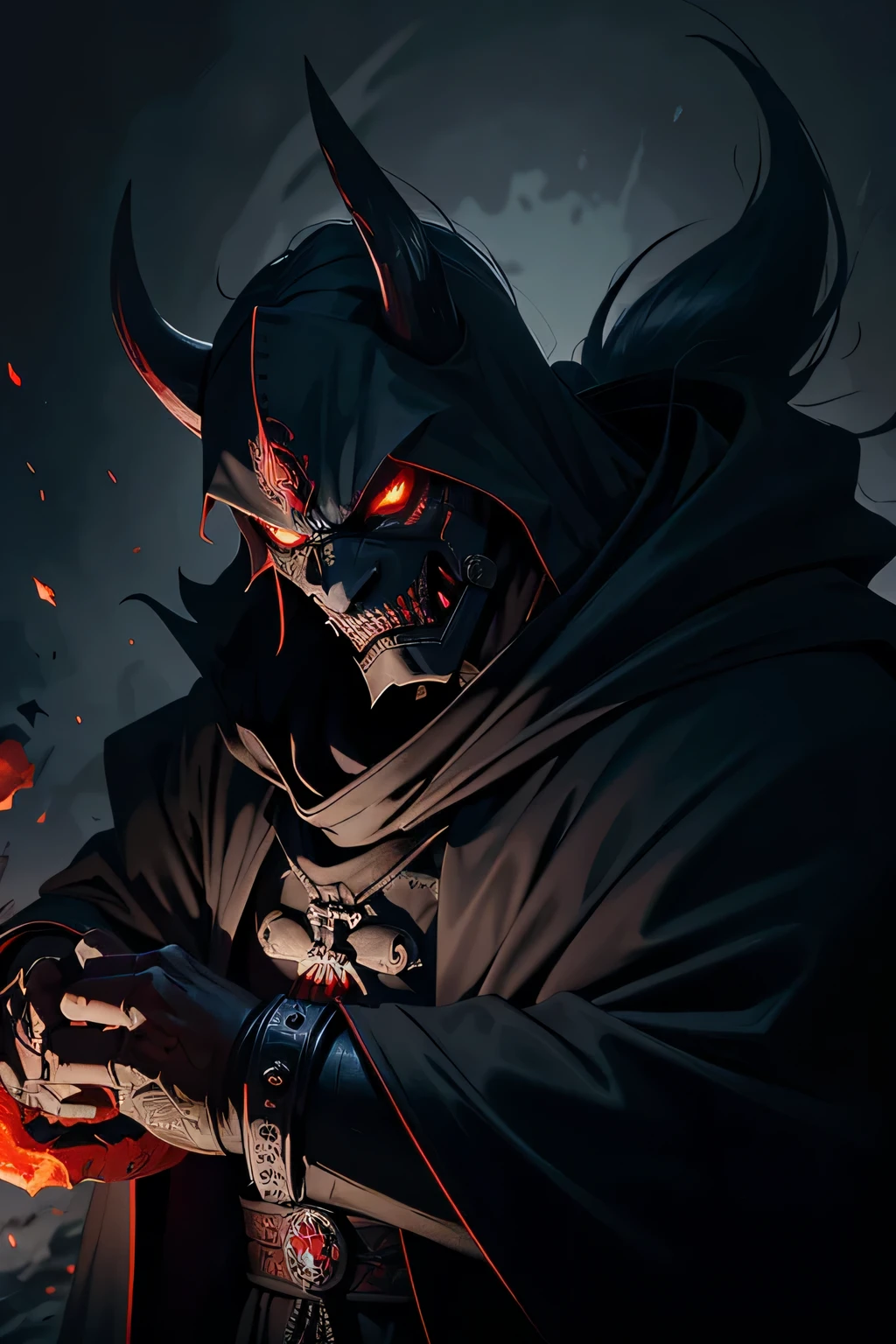 tall demon cloaked in shadow, wearing a shogun mask that snarls. a white mane. red eyes that glow. spiked pauldrons. heavy set. hidden in thick shadows. cloak made of shadows. wraith like. hell spawn. fanged mask. background its open cloak spreading out. open cloak. white hair. snarling face. blue flamed sword. snarling shogun mask. full face covering