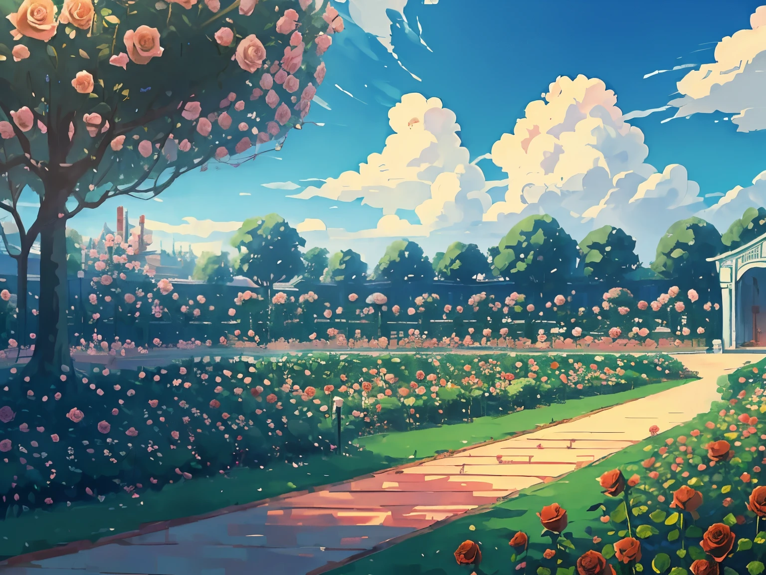 DVD screengrab from studio ghibli movie, (beautiful rose garden:1.4), clouds on blue sky, designed by Hayao Miyazaki, retro anime