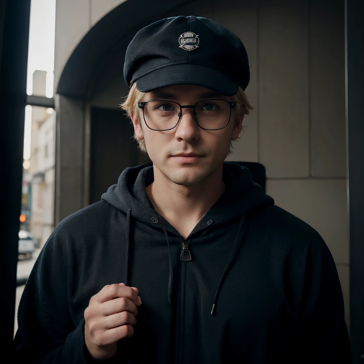 Male in early 30s; blonde short hair; blonde five o'clock shadow; round face with full cheeks; round small blue eyes; snub nose; wearing a black driving cap, black hoodie, black coat, pajama pants, and square thick rim glasses in black