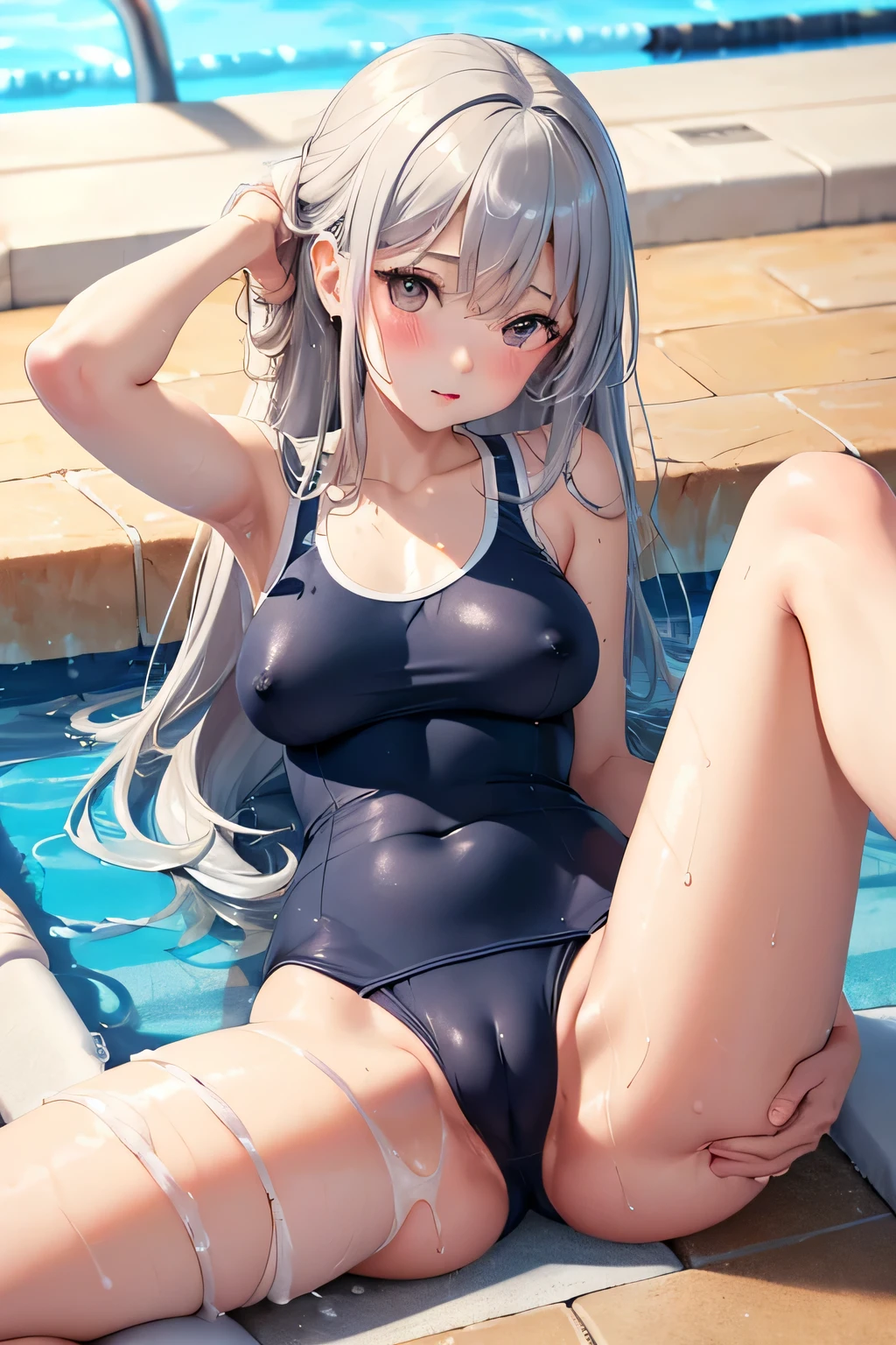 pieces fly、masterpiece、highest quality、Super detailed、High resolution、High resolution、8K portrait、Unity 8k壁紙のHigh resolutionCG、unity 8k wallpaper、cute type little:1.5、upon:1.5、Highly detailed CG unity 8k wallpaper、realistic、real person、cute type little、 portrait photography、shiny skin、High resolution、(18-year-old:1.3)、(1 girl)、beautiful clear eyes、very detailed explanation、delicate face、nice lips、slender body、thin waist、thin legs、(school poolside:1.6)、1 girl, cute type, perfect face, seriously, (blush:1.3),(silver long hair:1.3),(big breasts:1.3), same,(navy blue school swimsuit:1.3),((camel toe:1.3)), ((With nipples 1.3)), Detailed description vagina,show vagina,spread legs,spread ,(((Orgasm in the vagina:1.3)))