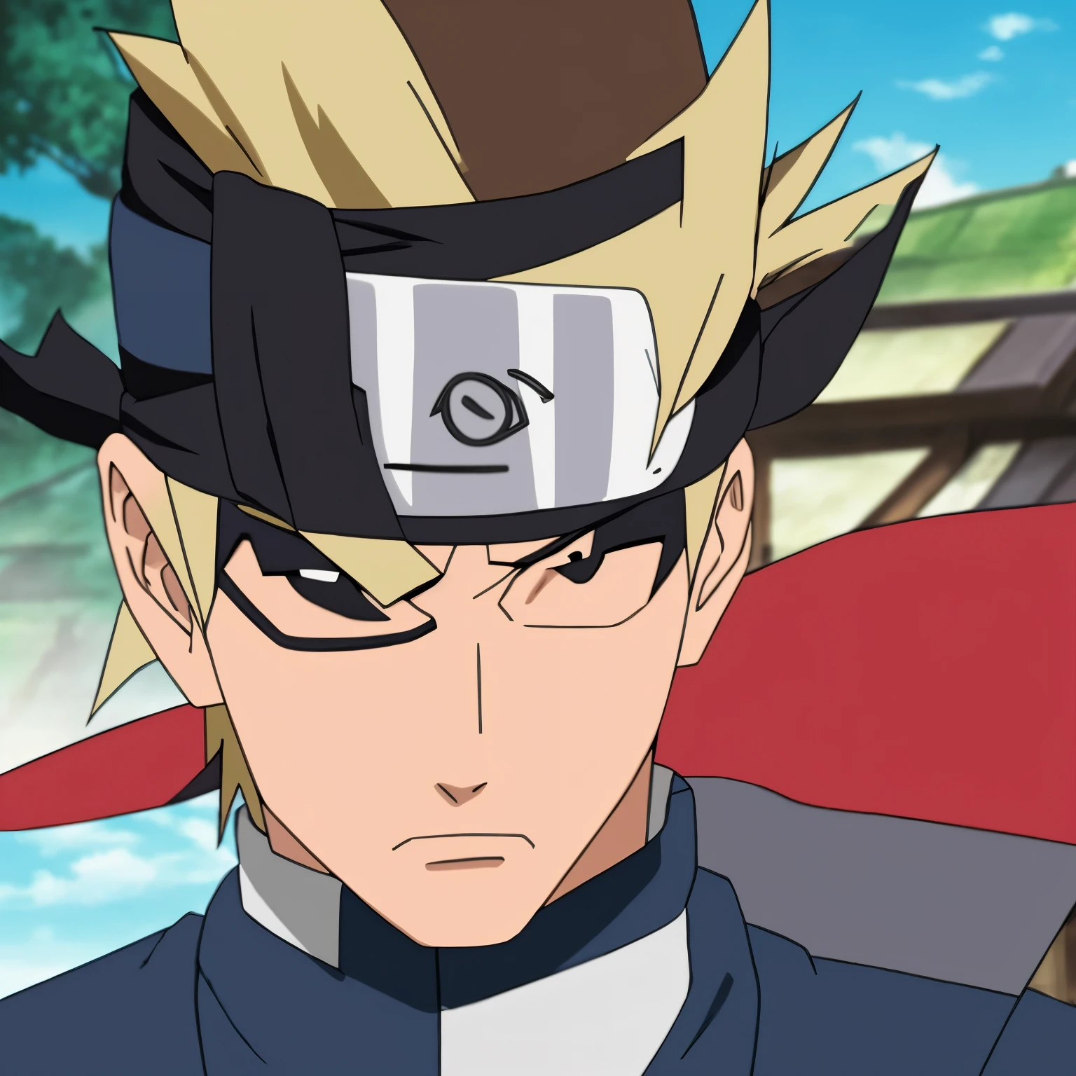 Character with Boruto&#39;s karma with forward hair in a black and blue kimono with a bandana around his neck 