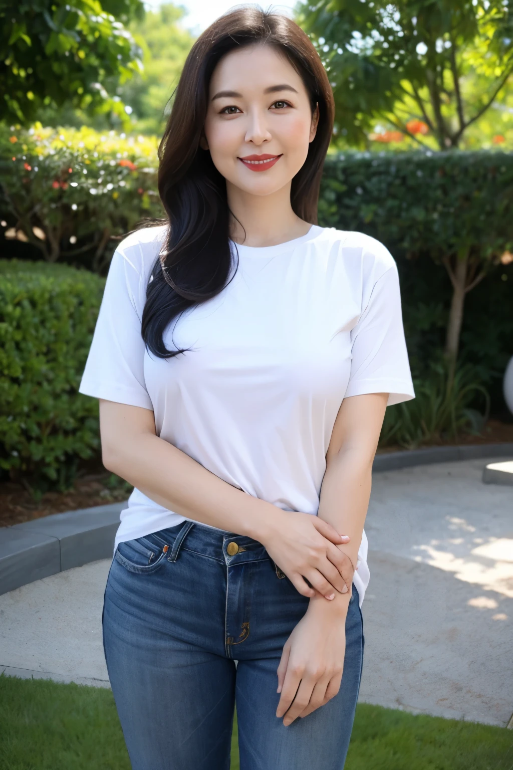 Draw lips correctly, red lipstick, from chest up, best quality, Super detailed, lifelike, Super fine skin, perfect anatomy, (1 日本Mature的女人), (alone)，Wear a white crew neck shirt，short sleeves，blue jeans，，wavy long hair，37-year-old female，Mature，charming smile，garden background，stand up，Leg length，Chubby body，Big breasts，full-body shot