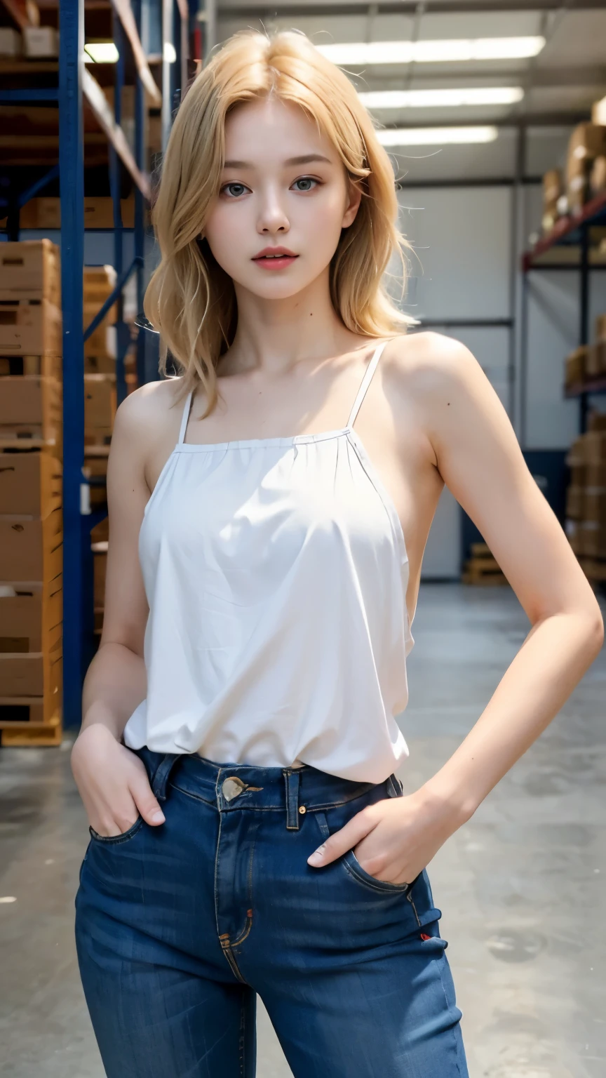 (((best quality, 8 thousand, masterpiece:1.4)), (20 year old woman), masterpiece, distinct, highres, high_quality, wide_shot, small_face, absurdly_short_hair, female, sagging_breasts, balancing, stretching, gentle_face, bare_shoulders, center_opening, downblouse, (blonde wavy very long hair), (Put your hands in your pockets), (F cup saggy breasts), Locked in the warehouse,