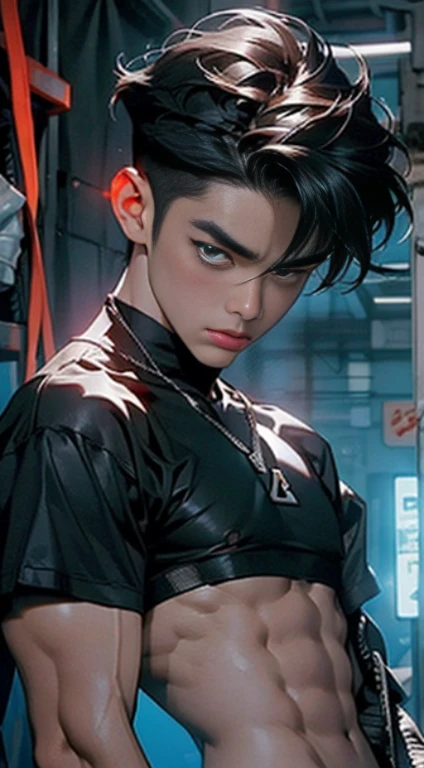 Model design,Tide play blind box,The whole body of the character,Expose muscles,base,Xiao Zhan,Handsome cybernetic boy looking at camera lingerie detailed muscular reality masterpiece,musculous