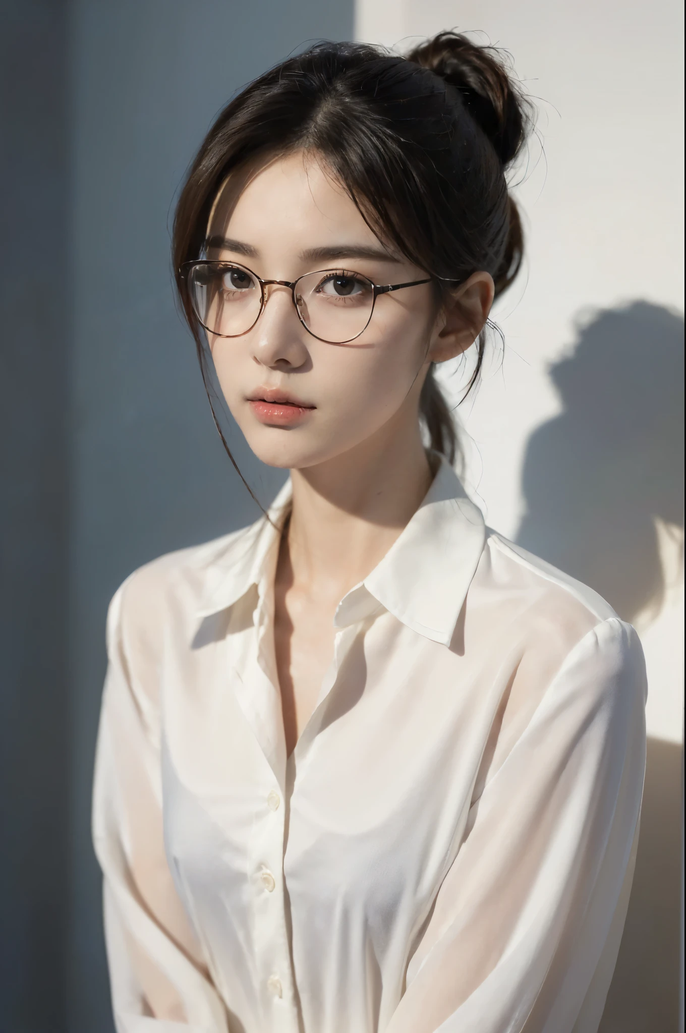((((8k))),((Extremely meticulous CG)) ,(wallpaper),16k,((Extremely refined and beautiful)),(((Masterpiece))),(((best qualtiy))),(((Ultra High Resolution))),beautiful light up,Perfect lightning,realistic shaded,((high resolution)),(Smooth and flawless skin:1.5),(Extremely exquisite facial details:1.2),(perfect body:1.2),(ultra-detailed),((A beautiful girl,solo)),(small head:1.2),(pale skin:1.3),(short ponytail:1.2),(glasses:1.2),(small face:1.2),(baby face:1.3),(Exquisite makeup:1.2),(small breasts:1.2),(flat chests:1.2),((slim,thin)),(expressionless:1.2),(indifferent:1.2),(white collared shirt:1.5),(sleeves:1.2),(underwear:1.3),(slender legs:1.2),(night scene:1.3),(In a badminton hall:1.2),(detailed background:1.5),(standing:1.3),(upper body:1.3),(from front:1.3),(Badminton racket hanging on the wall:1.3)