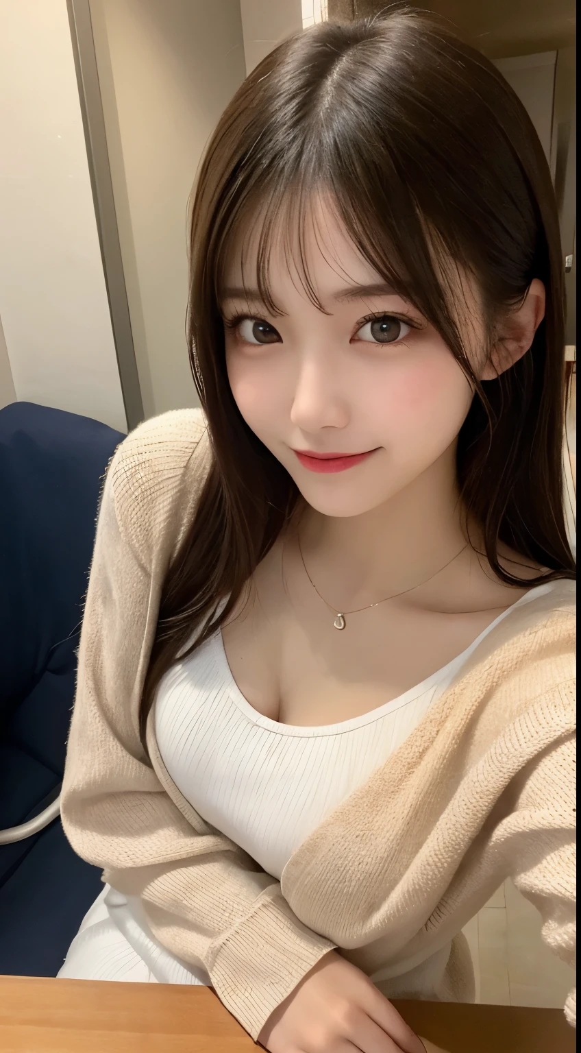 table top, highest quality, shape, Super detailed, finely, High resolution, 8k wallpaper, 完璧なダイナミックな構shape, beautiful and detailed eyes, small breasts, natural color lip, random sexy pose,smile,big city、20 year old girl、midnight、Beautiful and dense face、perfect and beautiful face,Big eyes、real photos（best image quality）,long dress dress（long sleeve/blouse）、cardigan、Taken from above the knees（from bottom to top）、