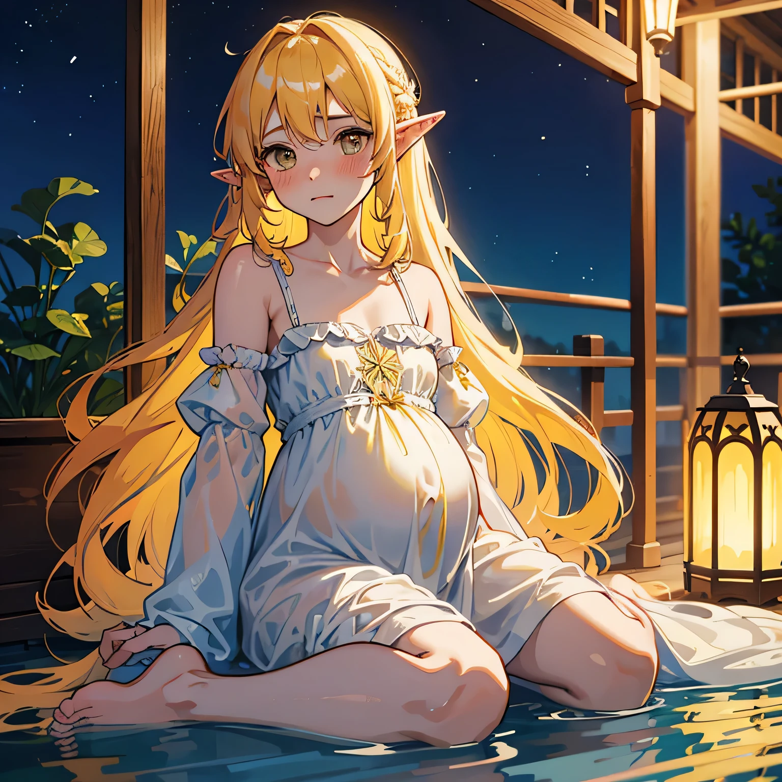 Shy and blushing boy with long wavy yellow hair elf ears, wearing a nightgown with strips of transparent fabric and pregnant, nadando en un rio , con un hombre moreno y fornido