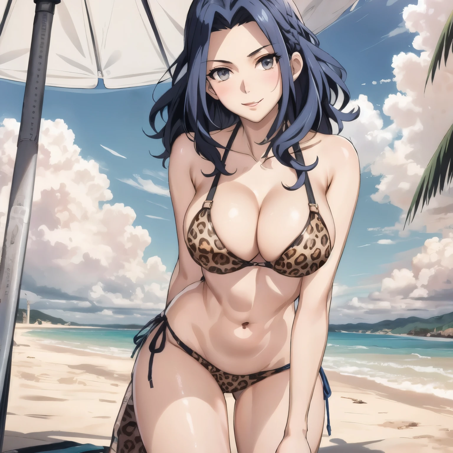 24 year old woman wavy blue hair, friendly and shy smile, ojos azules como zafiros, pechos grandes, leopard print bikini, fondo una playa soleada. alta calidad.