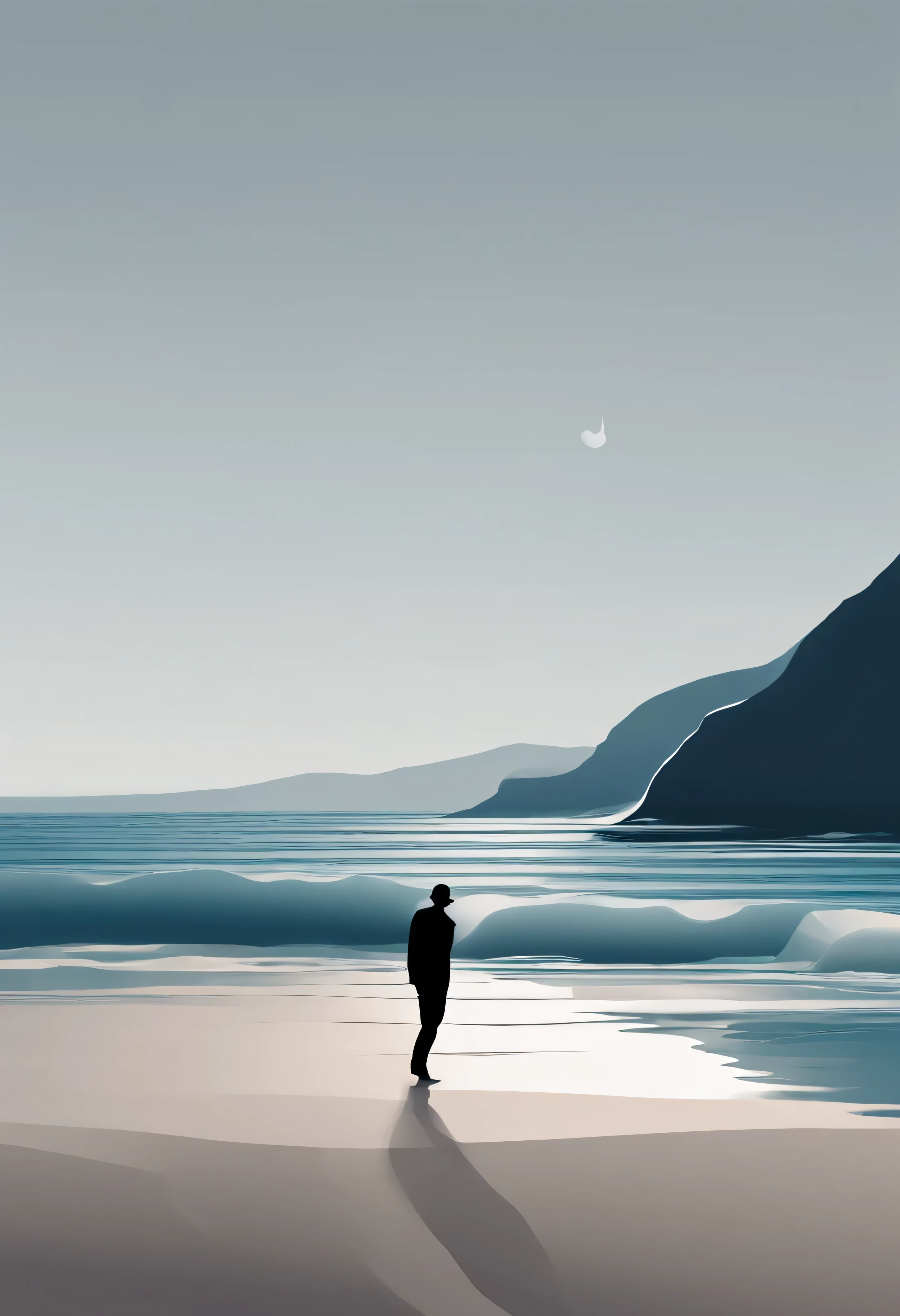Una ola rompiendo en la orilla con la silueta de una persona caminando hacia ella, Cresta y valles, Colors with cold tones, Texturas suaves y rugosas, Estilo minimalista: Simple lines and flat colors., arte, high resolution, 4k completo