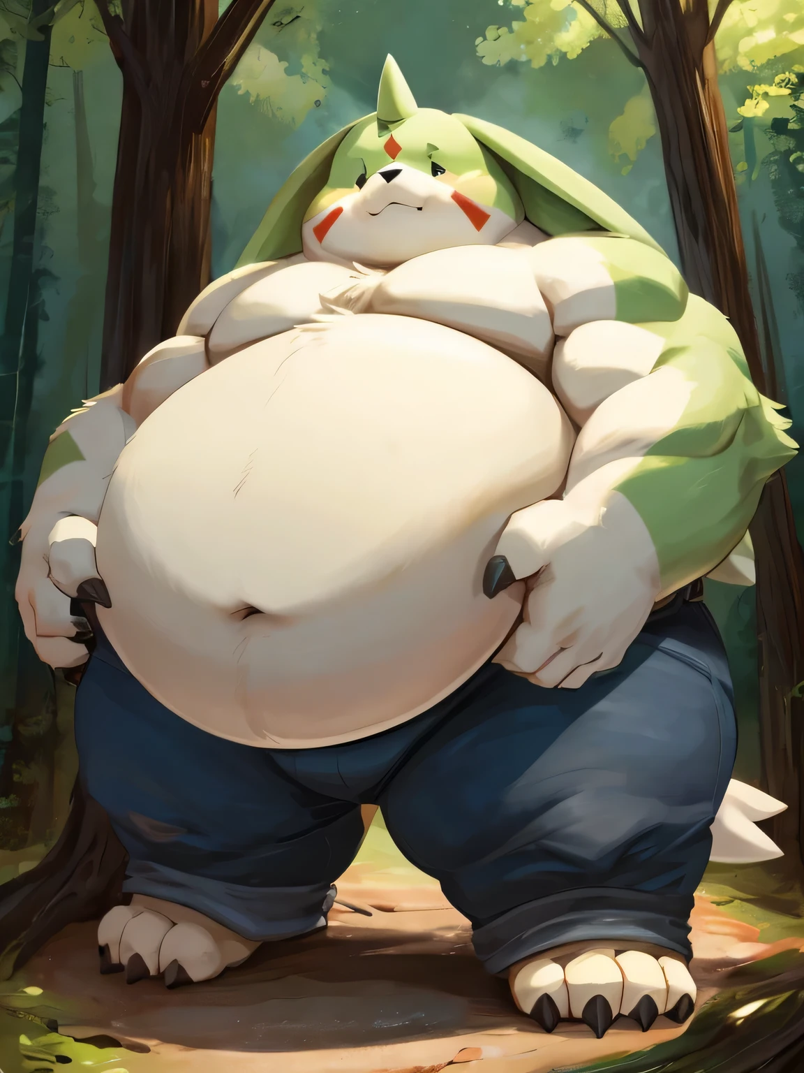 Gargomon、Muscle-gut, Giant Monsterountain of fat、The body is buried due to fat、The stomach is triangular、Extreme obesity、very thick fat、my stomach touches the ground、Stomach like a giant balance ball、Saggy belly、detailed eyes, Thick thighs、very very tall、animal-like legs、Cheeks that store fat、thick arms、huge torso、thick neck、fat neck、sharp claws、legs buried in fat, thick twisted corners、in a forest, Has belt over the left shoulder, Has pants on