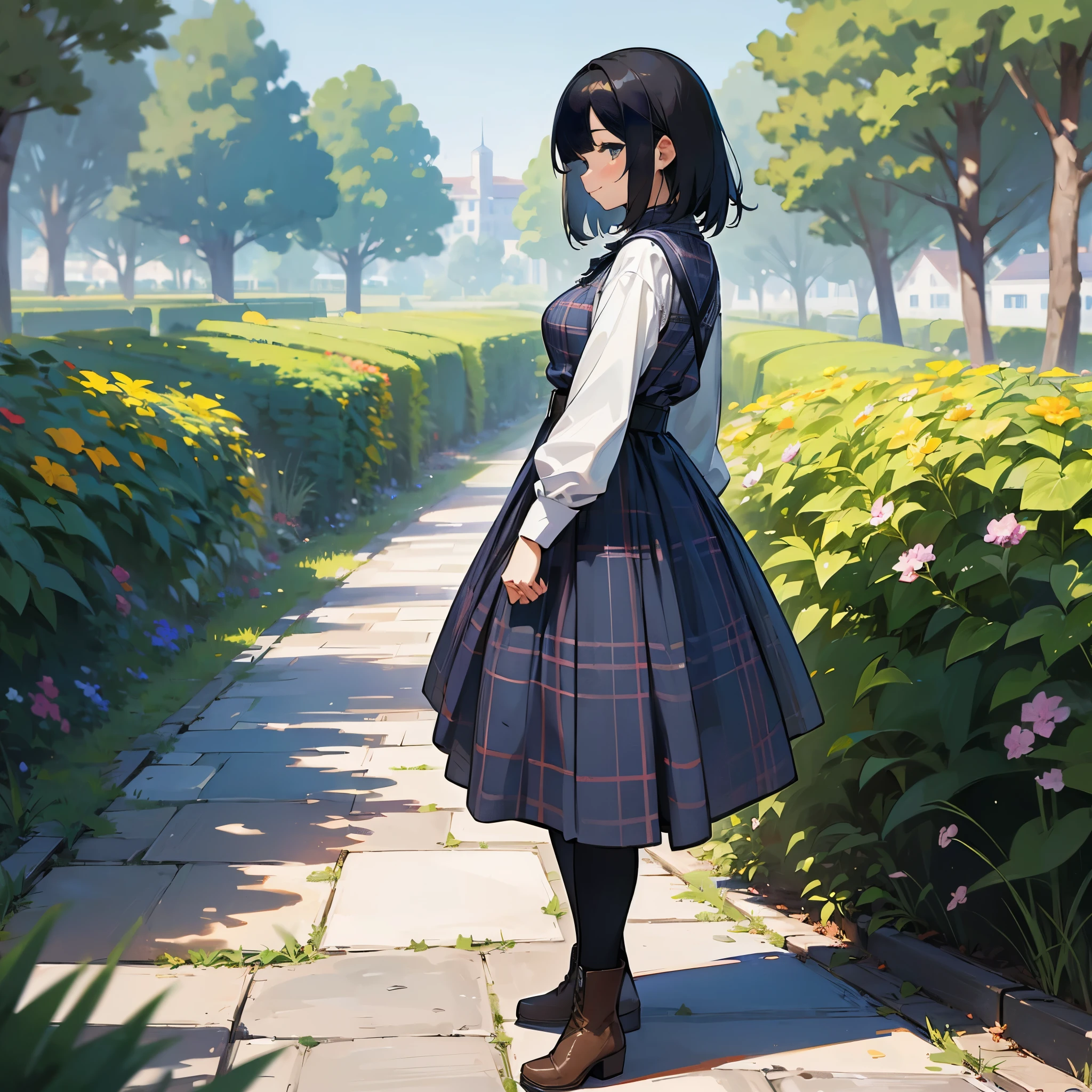 (high quality, High resolution, Super detailed, reality:1.37), peaceful atmosphere, (outdoor, garden), teenage girl standing alone, (my breasts are big.), Beautiful detail features, cute smile, (black bob hair), ribbed sweater, blue plaid skirt, black tights, brown boots.